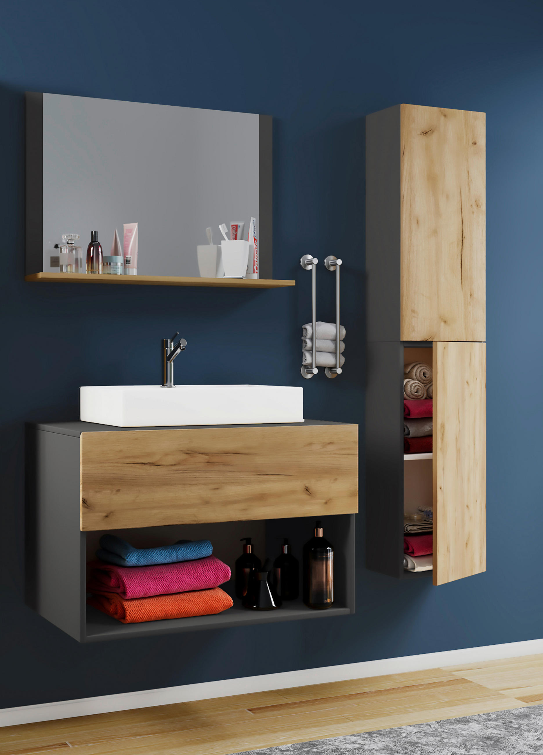 BADEZIMMER 4-teilig  in 113/64,2/51,4 cm  - Honigeiche/Anthrazit, MODERN, Keramik/Holzwerkstoff (113/64,2/51,4cm) - MID.YOU