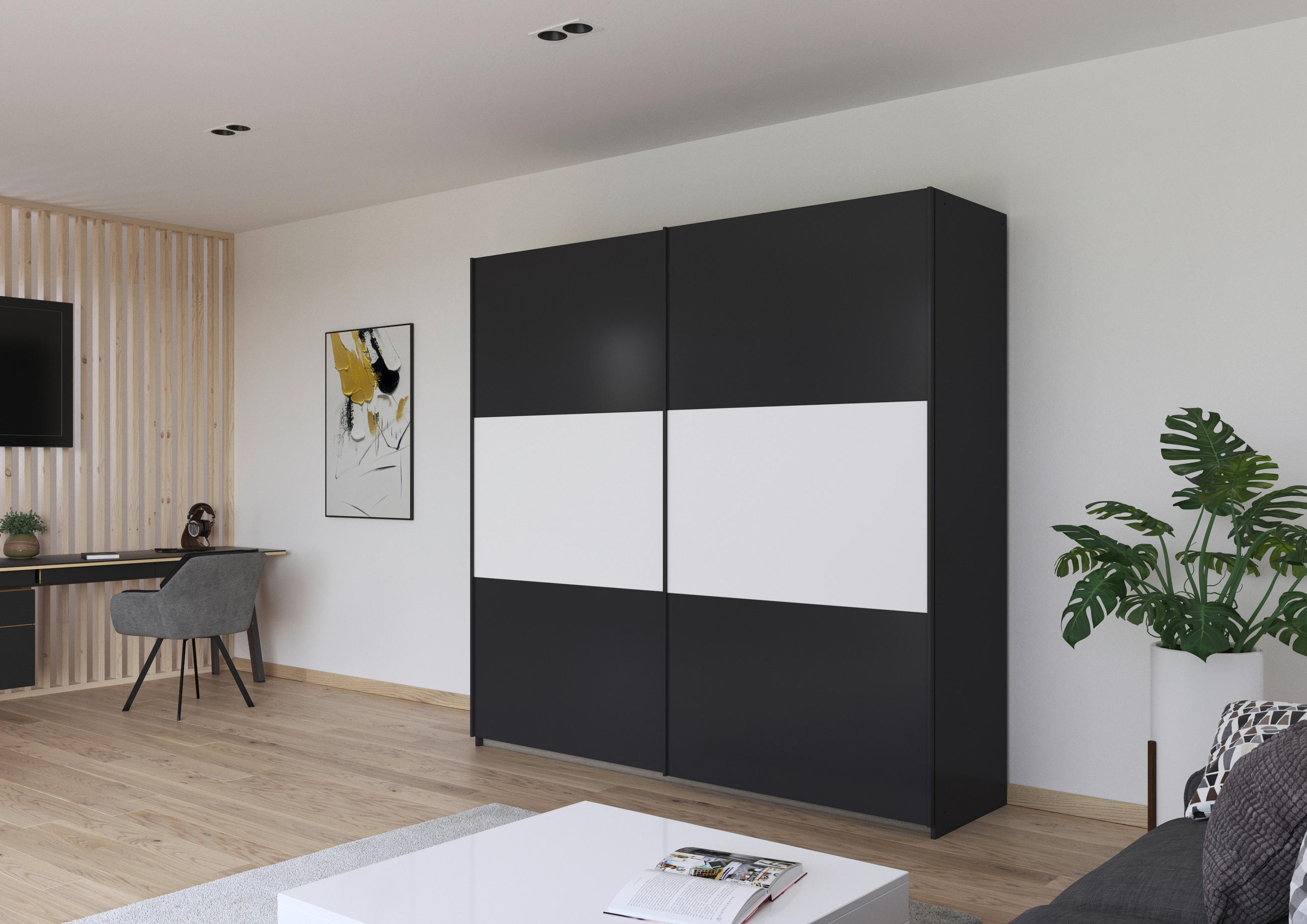 SCHWEBETÜRENSCHRANK  in Grau, Weiß, Alufarben  - Alufarben/Weiß, MODERN, Holzwerkstoff/Metall (218/210/59cm) - Rauch Möbel