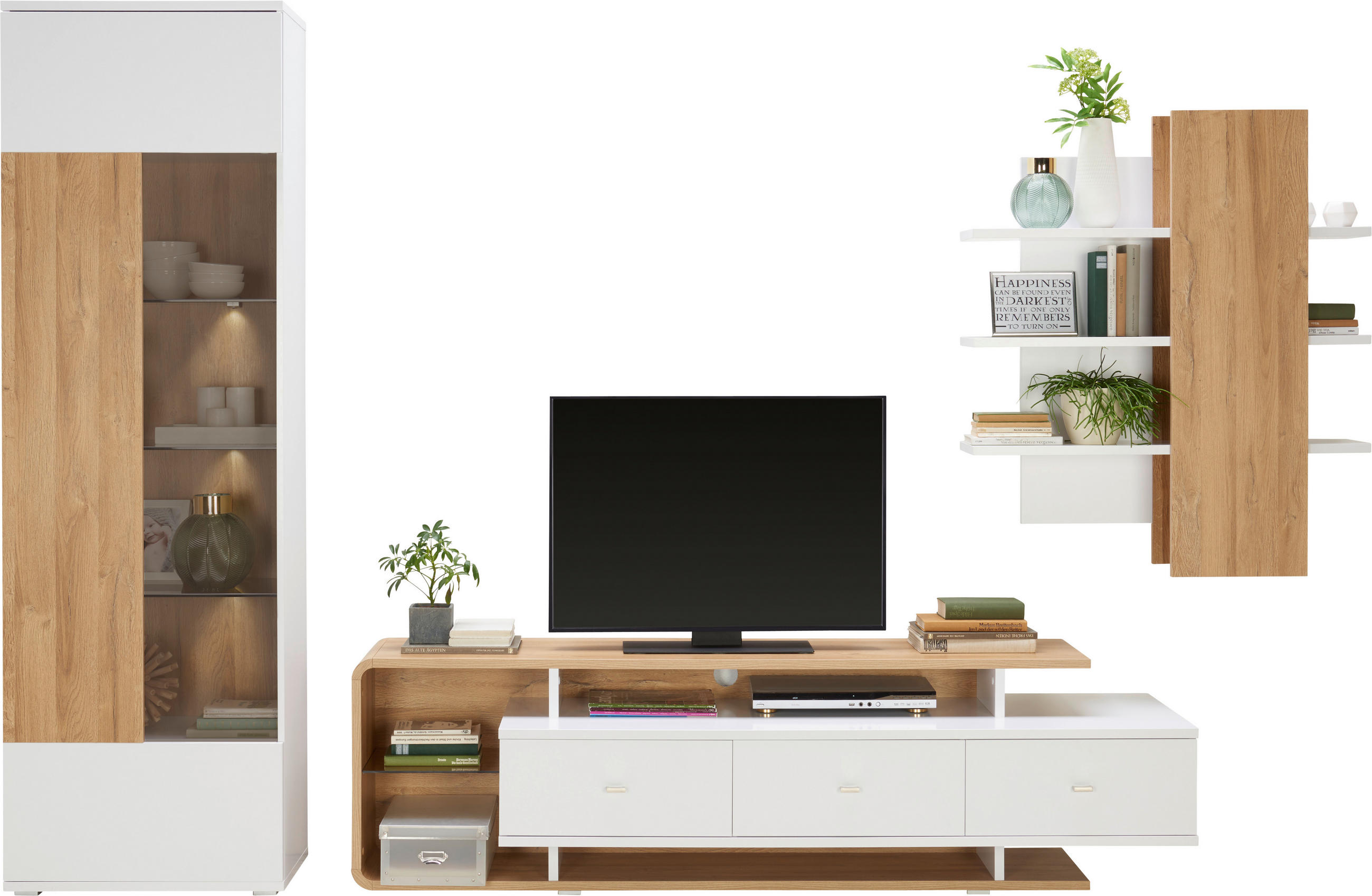 DNEVNI REGAL, bela, hrast - bela/hrast, Moderno, kovina/steklo (300/205,9/51,6cm) - Hom`in