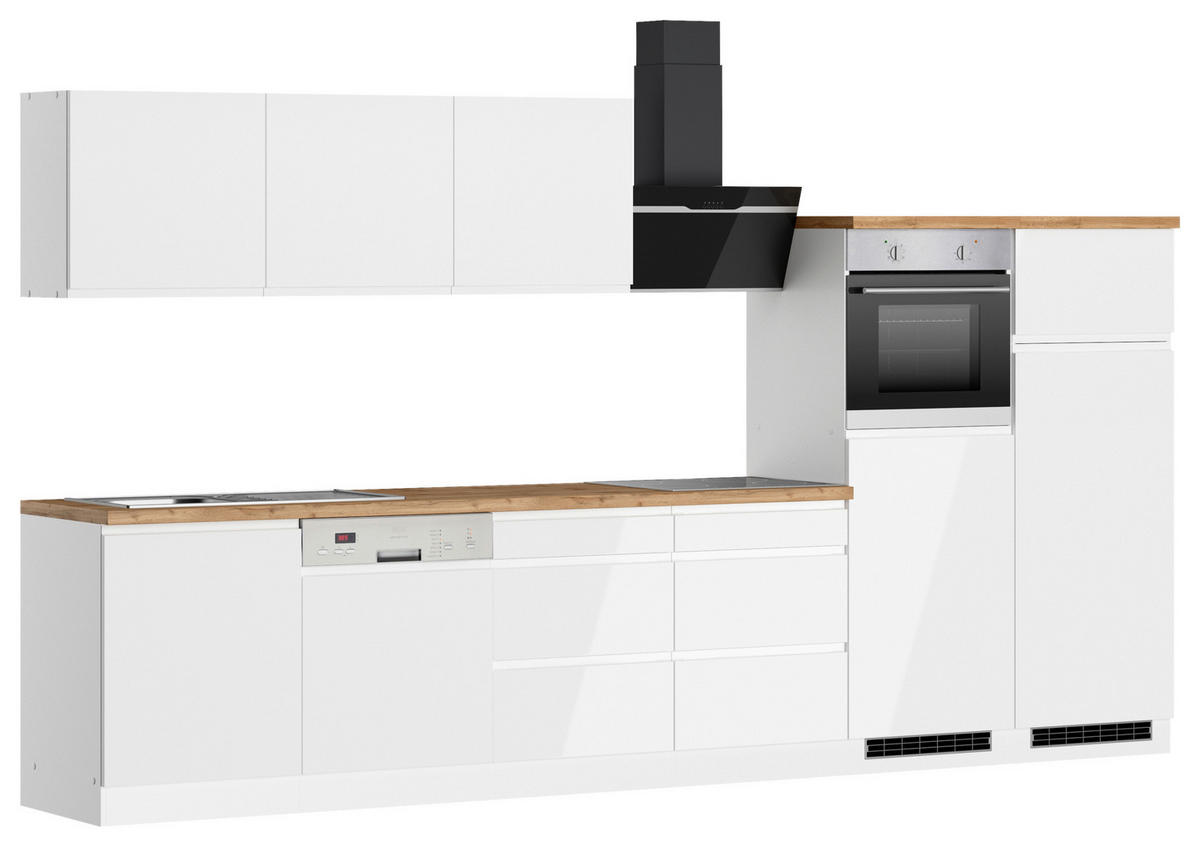 KÜCHENBLOCK 360 cm   in Weiss, Eiche Wotan, Weiss Hochglanz  - Weiss Hochglanz/Weiss, Lifestyle, Holzwerkstoff (360cm) - Held