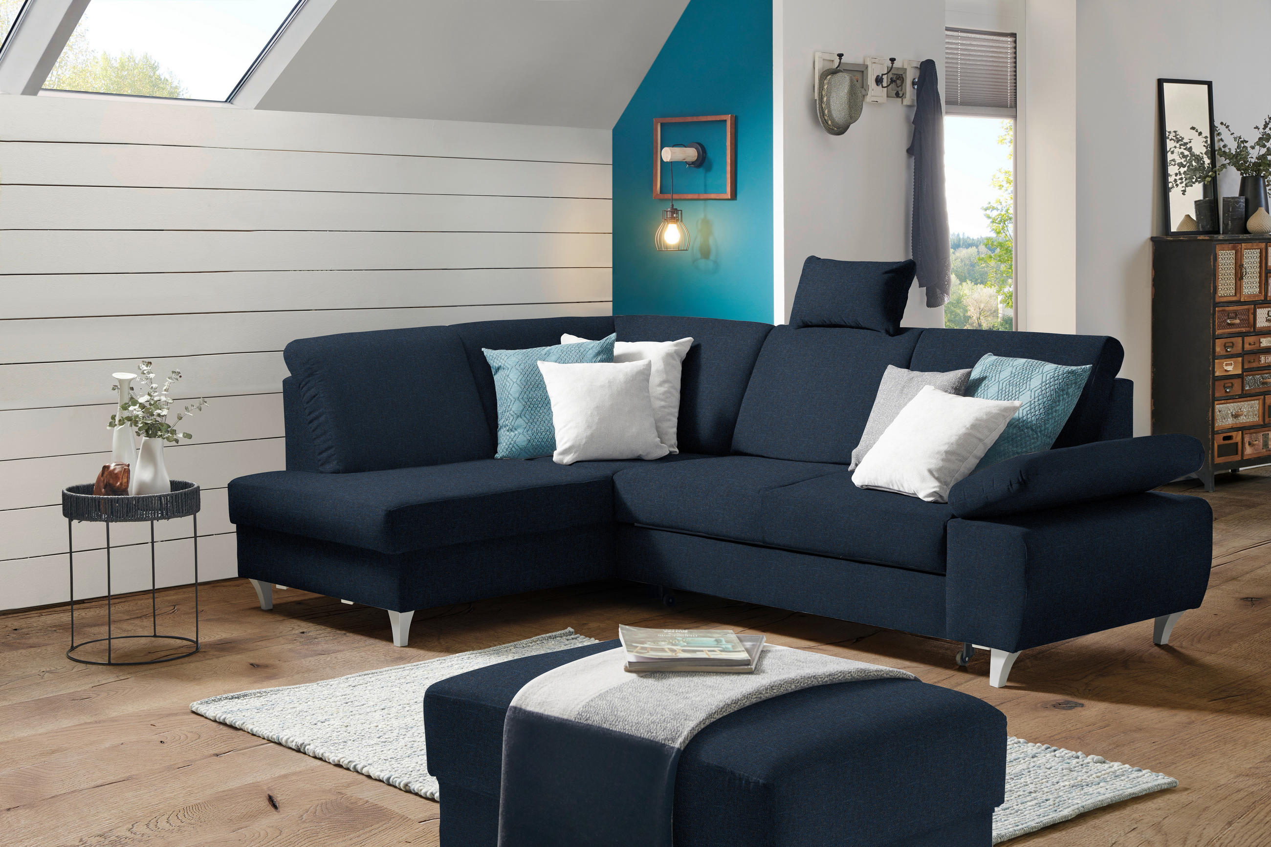 ECKSOFA in Flachgewebe Dunkelblau  - Silberfarben/Dunkelblau, Konventionell, Holz/Textil (186/255cm) - Cantus