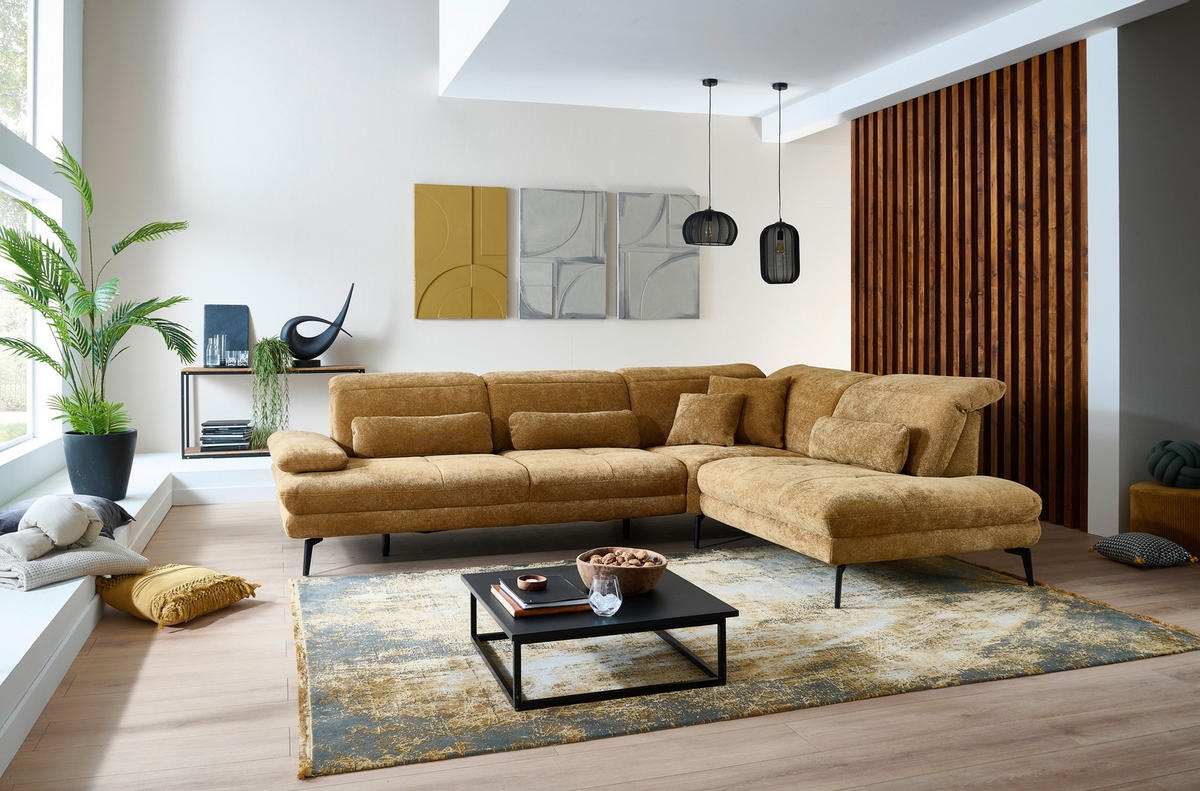 ECKSOFA Beldomo System Dunkelgelb Chenille Rücken echt, Kopfteilverstellung  - Dunkelgelb/Schwarz, Design, Textil/Metall (311/235cm) - Beldomo System