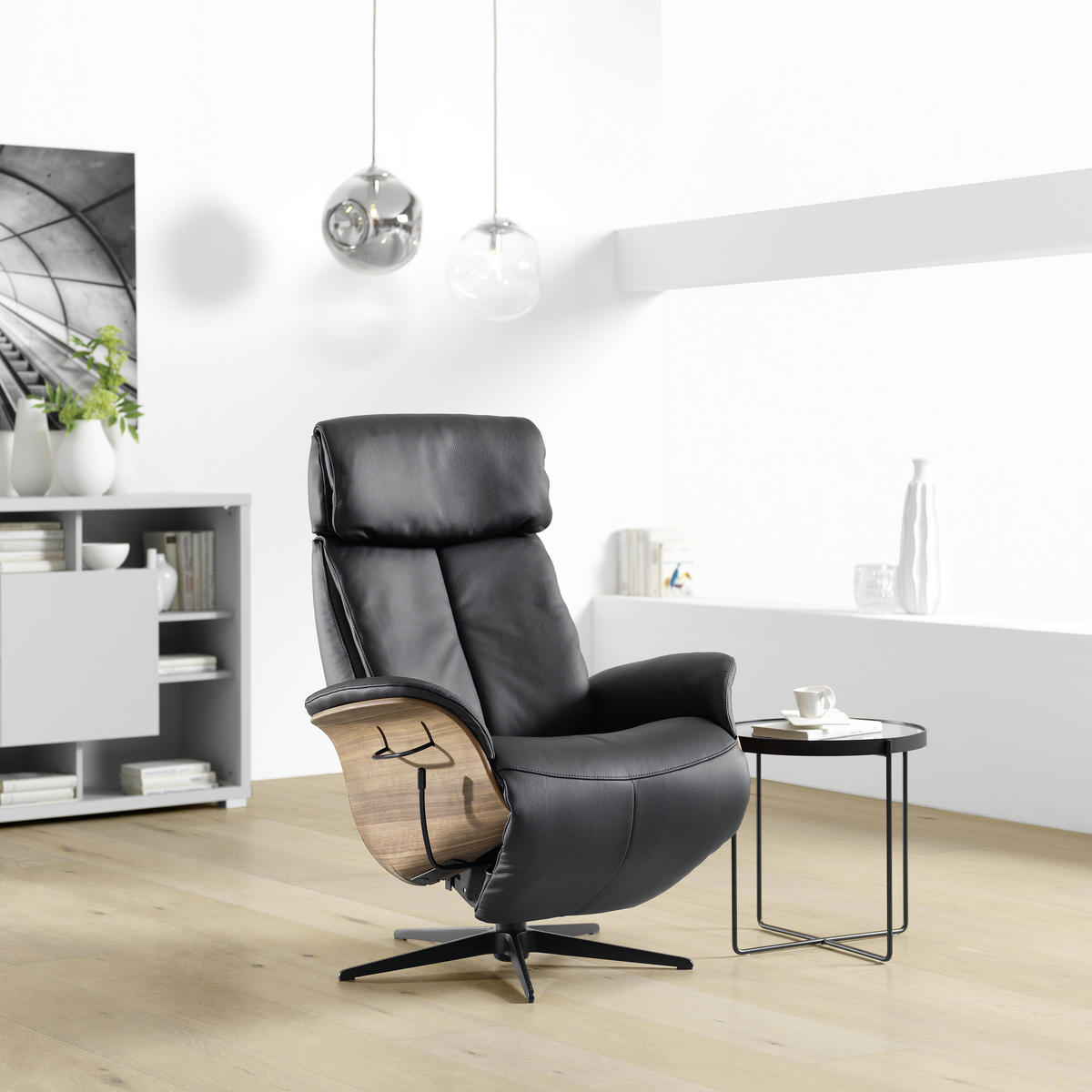 RELAXSESSEL Echtleder Relaxfunktion, Kopfteilverstellung    - Nussbaumfarben/Schwarz, Design, Leder/Holz (78/104-113/84cm) - Welnova
