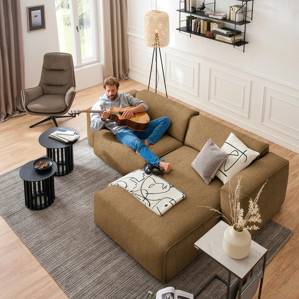 ECKSOFA in Webstoff Senfgelb  265/171 cm  - Senfgelb/Schwarz, Design, Kunststoff/Textil (265/171cm) - home24