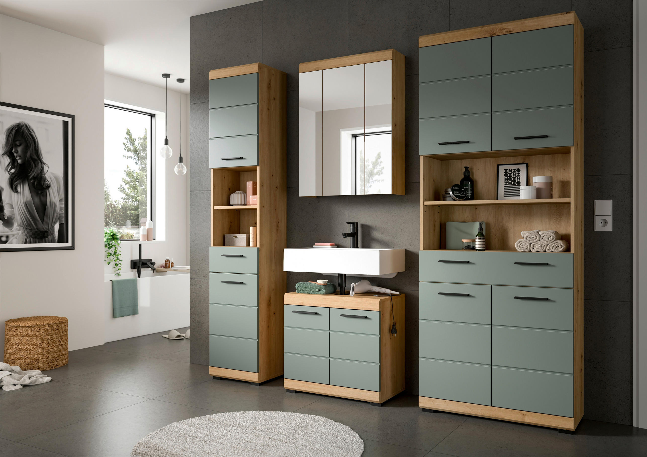 BADEZIMMER 4-teilig  in 191 cm  - Schwarz/Eiche Artisan, MODERN, Glas/Holzwerkstoff (191cm) - MID.YOU