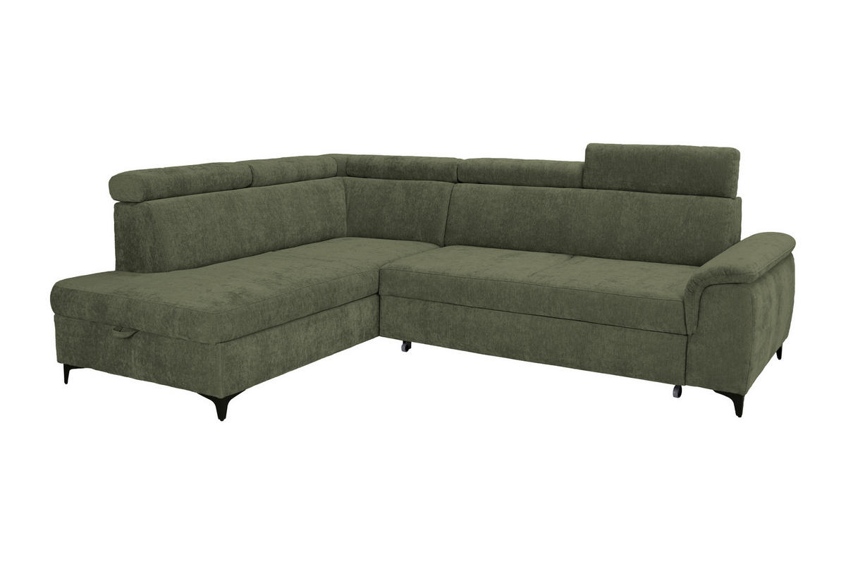 ECKSOFA Dunkelgrün Chenille Bettkasten, Schlaffunktion, Rücken echt, Kopfteilverstellung, Liegefläche im Originalstoff  - Dunkelgrün/Schwarz, KONVENTIONELL, Textil/Metall (206/265cm) - Carryhome