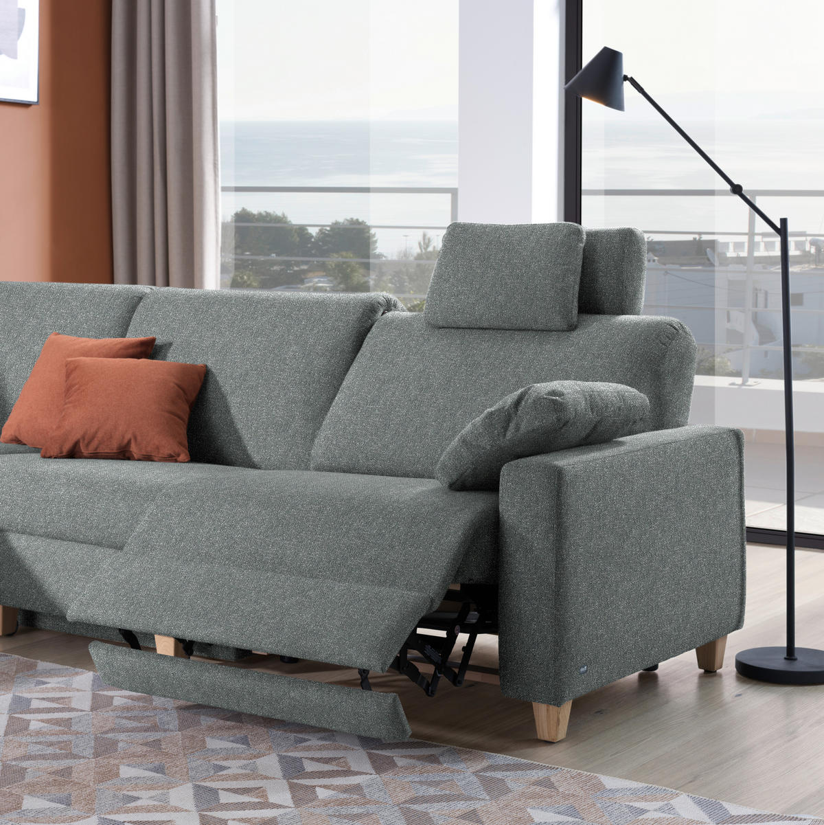 ECKSOFA  in Mikrovelours Graugrün  203/261 cm  - Eichefarben/Graugrün, KONVENTIONELL, Holz/Textil (203/261cm) - Sedda