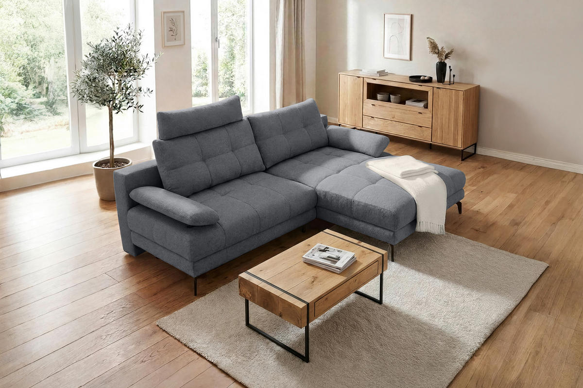 ECKSOFA Blau Struktur Rückenkissen, Bettkasten, Schlaffunktion, Rücken echt, Armteilverstellung, Liegefläche im Originalstoff  - Blau/Beige, MODERN, Textil/Metall (263/181cm) - Carryhome