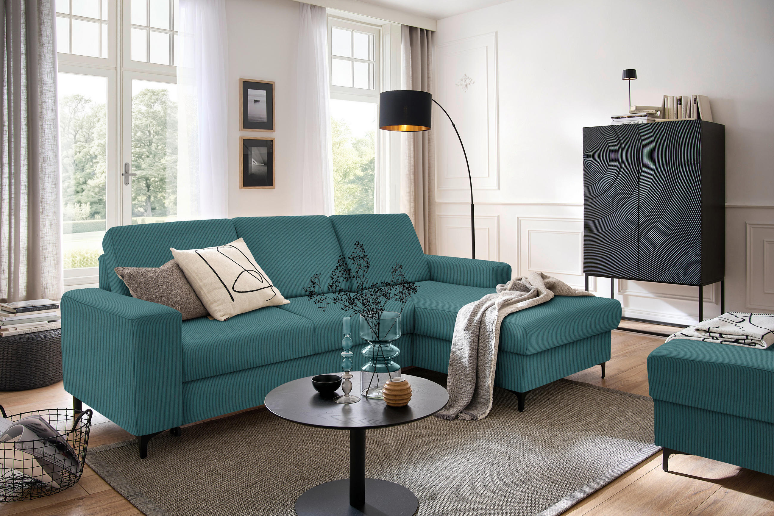 ECKSOFA in Cord Waldgrün  - Waldgrün/Schwarz, Konventionell, Textil/Metall (247/167cm) - Stylife