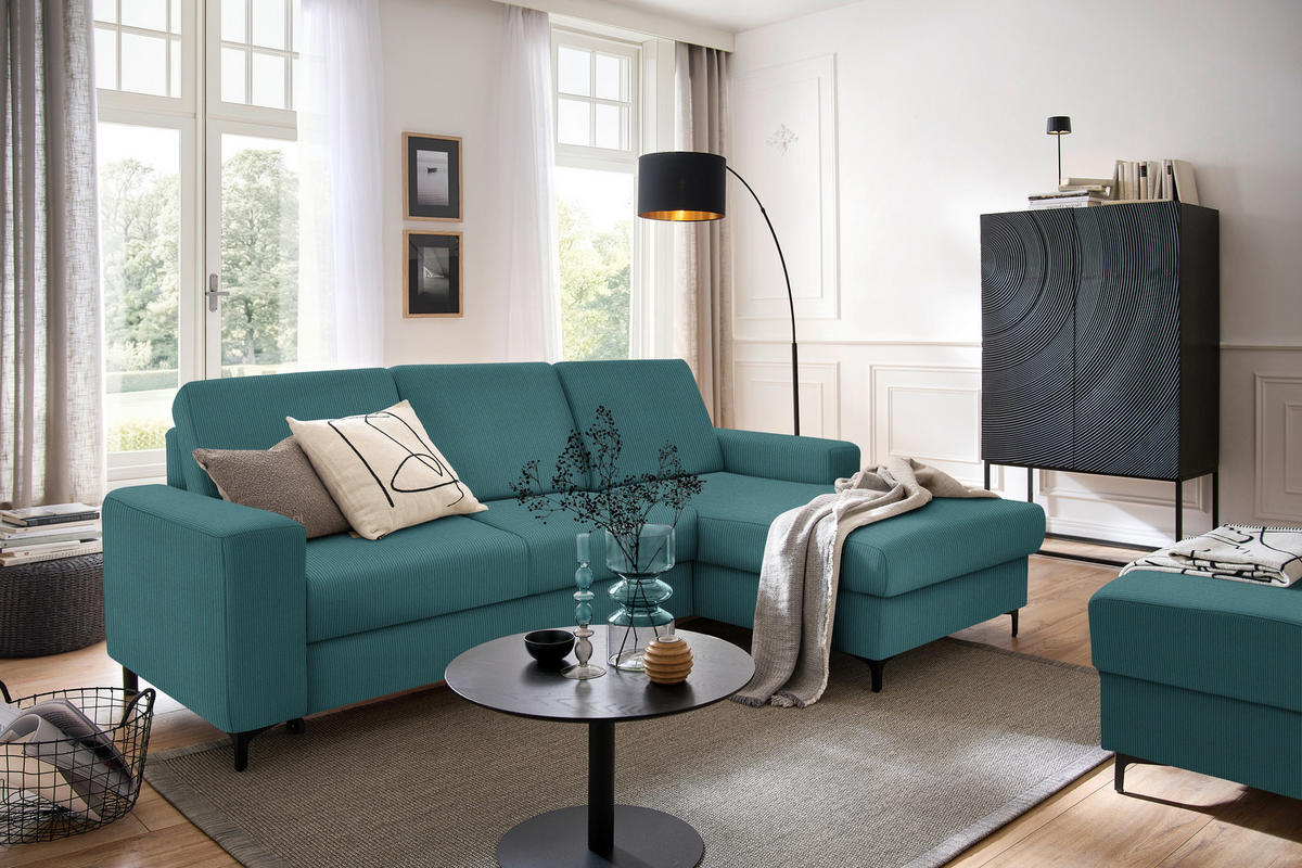 ECKSOFA in Cord Waldgrün  - Waldgrün/Schwarz, Konventionell, Textil/Metall (247/167cm) - Stylife