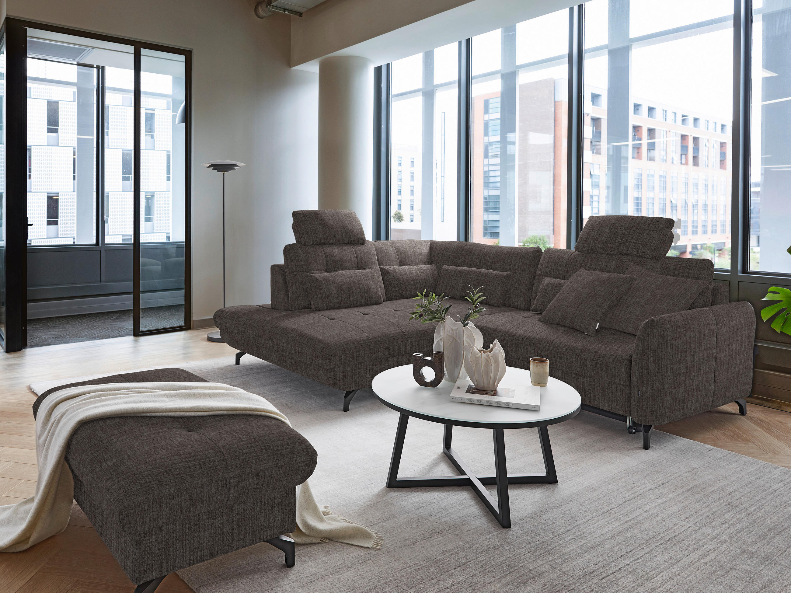 ECKSOFA in Flachgewebe, Leinenoptik Braun  208/247 cm  - Schwarz/Braun, Design, Textil/Metall (208/247cm) - Xora