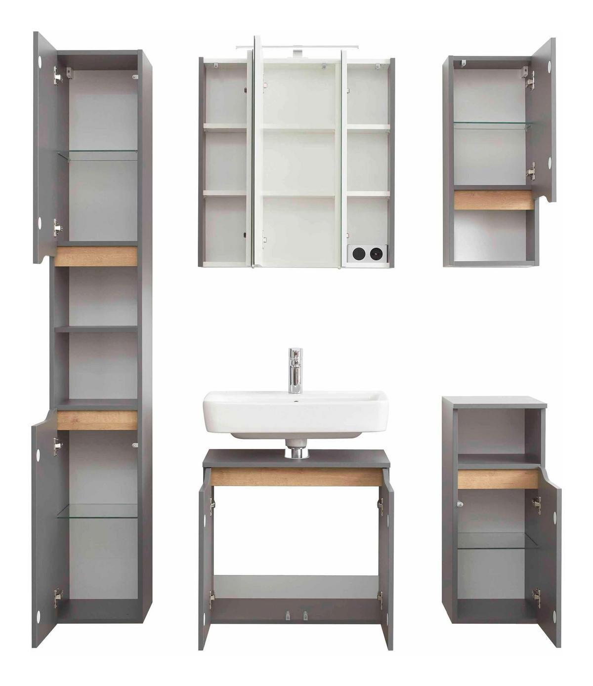 BADEZIMMER 5-teilig  in 125 cm  - Eichefarben/Dunkelgrau, KONVENTIONELL, Glas/Holzwerkstoff (125cm) - Pelipal