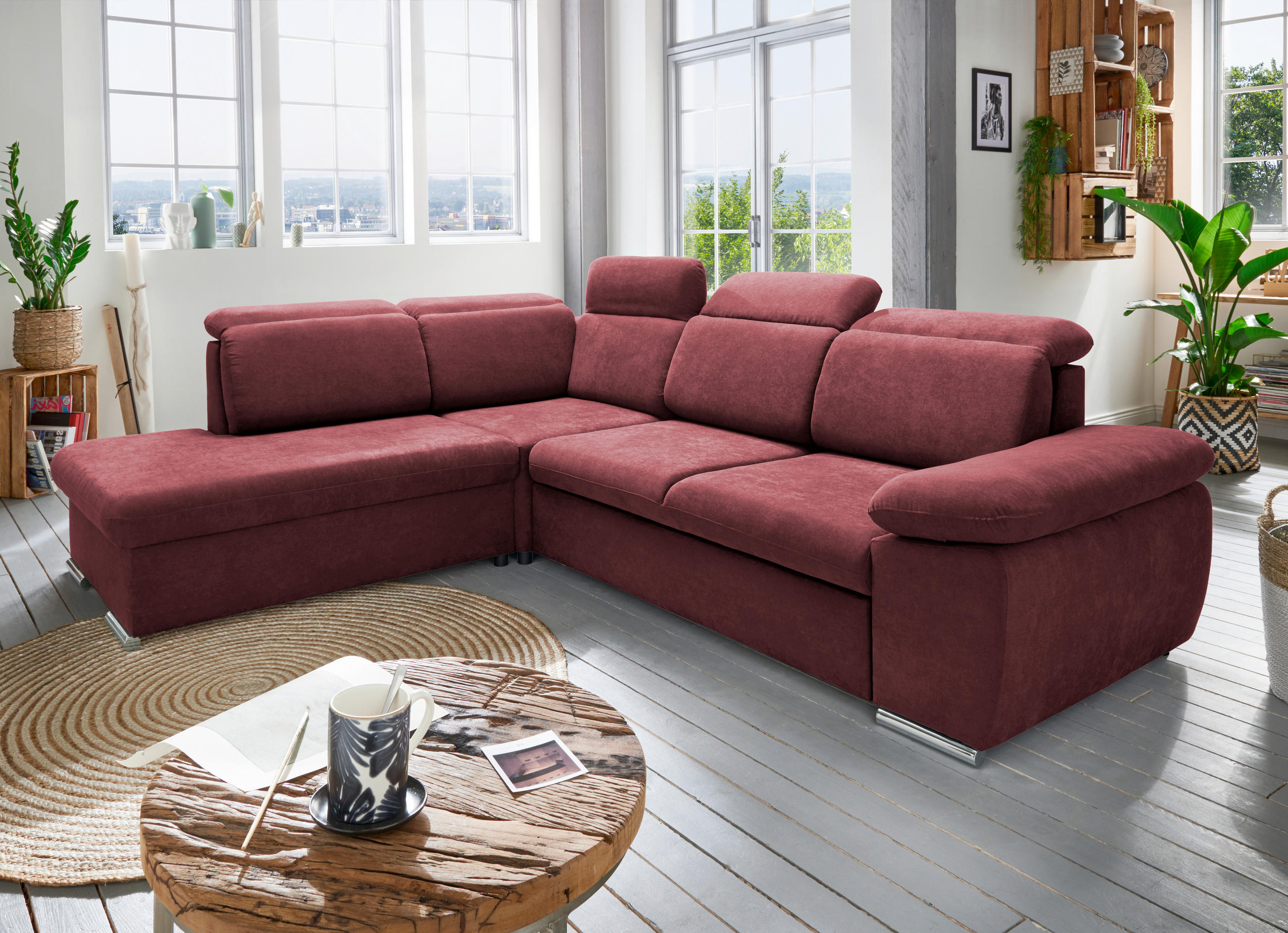 Thumbnail - Livetastic Ecksofa, Bordeaux, Textil, Uni, 5-Sitzer, Ottomane links, 283x228 cm, seitenverkehrt erhältlich, Schlafen auf...