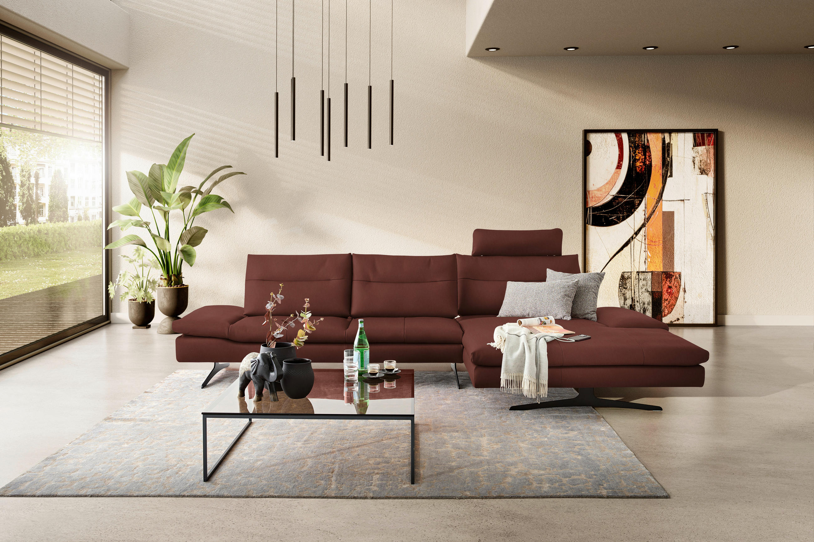 ECKSOFA in Echtleder Schlammfarben  - Schlammfarben/Schwarz, Modern, Leder/Metall (342/158cm) - Chilliano