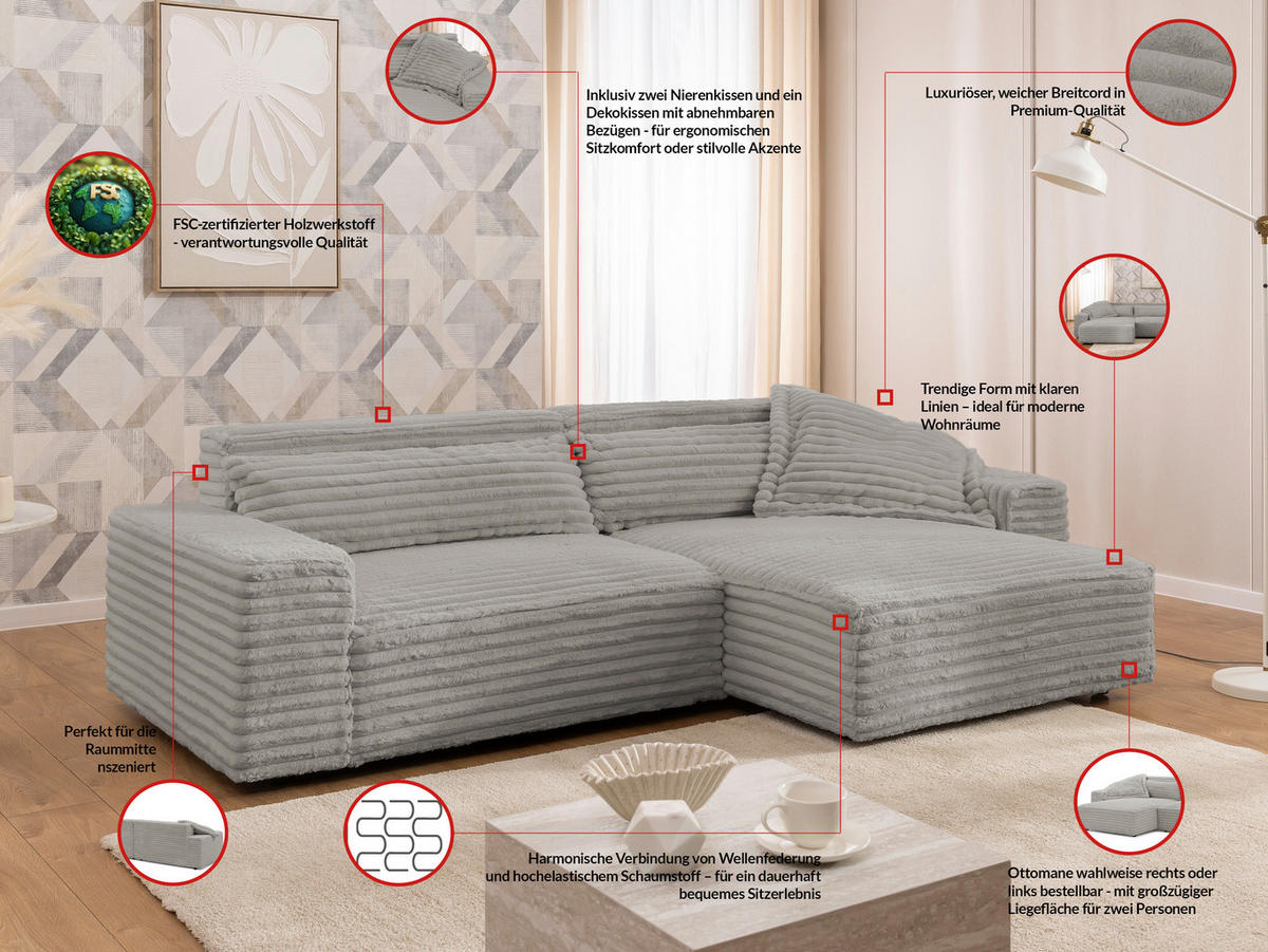 ECKSOFA Cord Grau  - Schwarz/Grau, Design, Kunststoff/Textil (251/142cm) - P & B