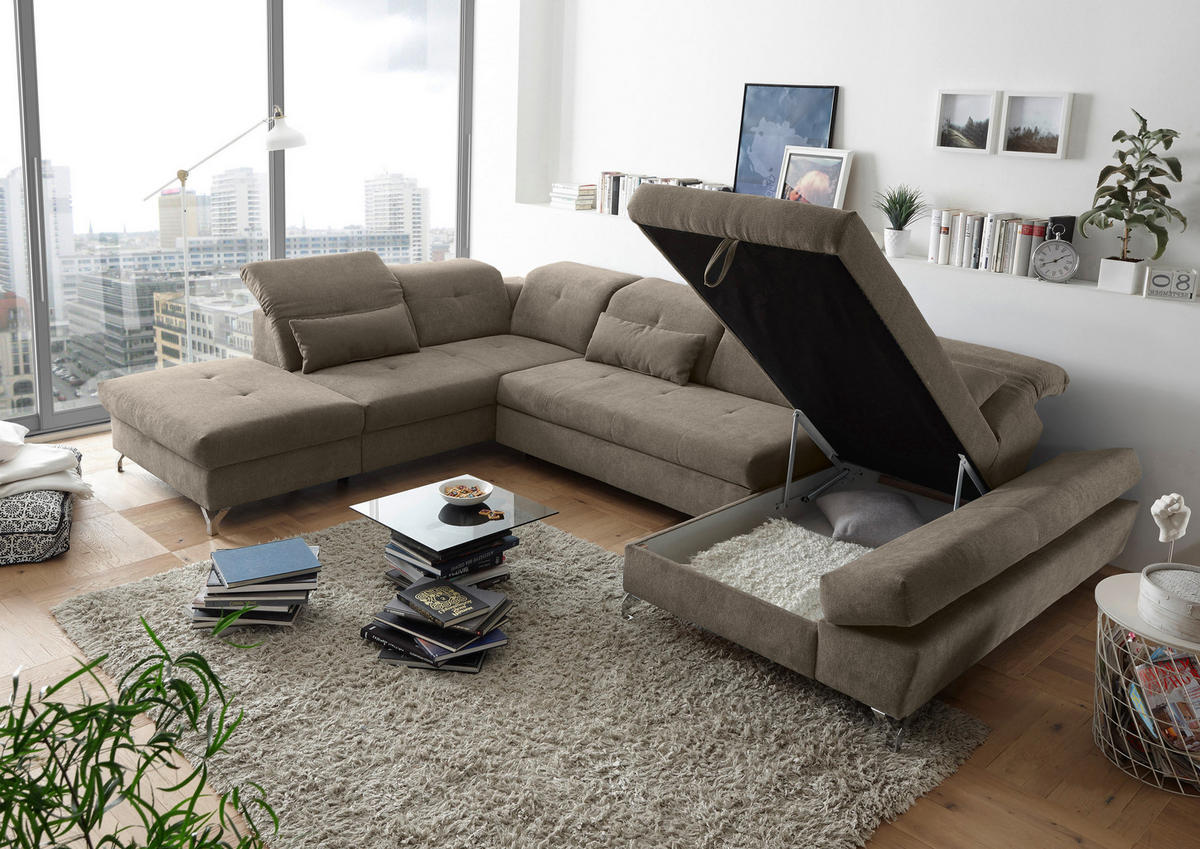 WOHNLANDSCHAFT in Mikrovelours Graubraun  - Graubraun/Silberfarben, Modern, Textil/Metall (245/350/168cm) - MID.YOU