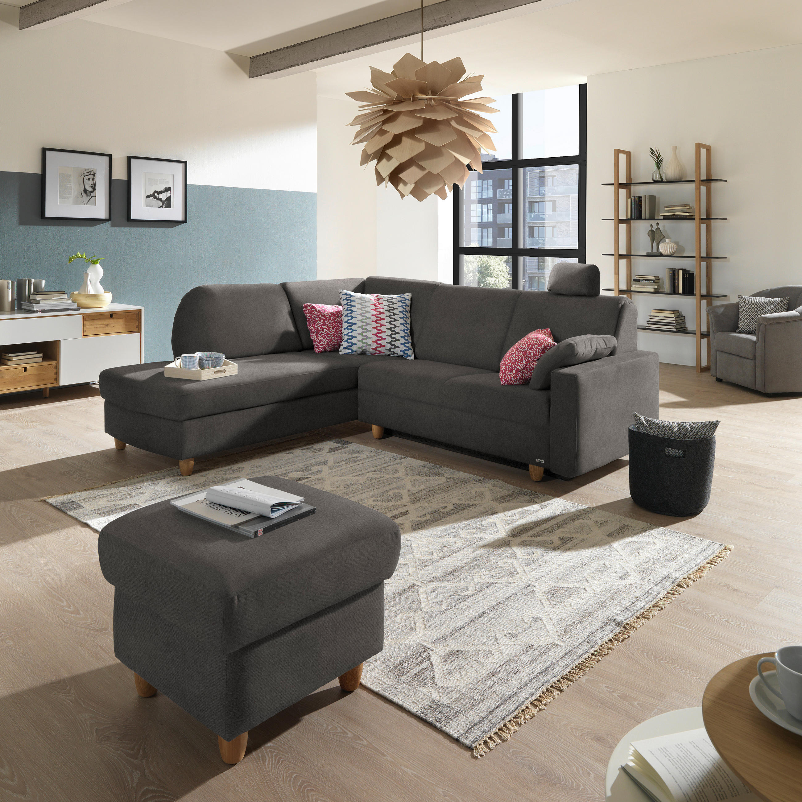 ECKSOFA in Flachgewebe Schlammfarben  208/227 cm  - Schlammfarben/Eichefarben, KONVENTIONELL, Holz/Textil (208/227cm) - Sedda