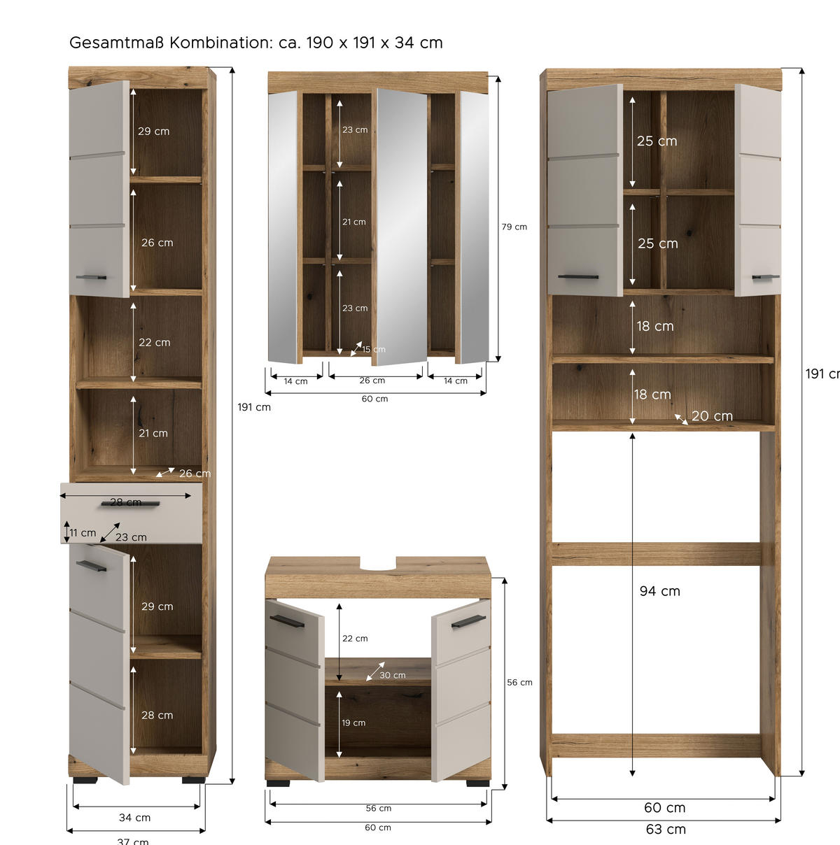 BADEZIMMER 4-teilig  in 160 cm  - Kaschmir/Schwarz, MODERN, Holzwerkstoff/Kunststoff (160cm) - MID.YOU