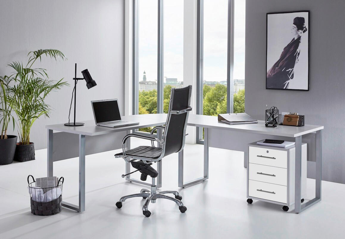 BÜRO erweiterbar, in verschiedenen Holz-Dekoren erhältlich, Schreibtisch seitenverkehrt montierbar, abschließbar Grau, Weiß Hochglanz - Weiß Hochglanz/Grau, MODERN - MID.YOU