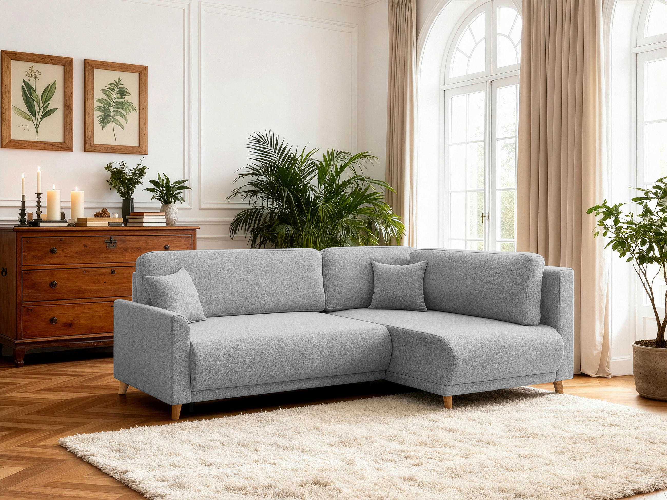 ECKSOFA MILOS Hellgrau Flachgewebe, Struktur Rückenkissen, Bettkasten, Schlaffunktion, Rücken echt  - Hellgrau/Naturfarben, Design, Textil (224/148cm) - P & B