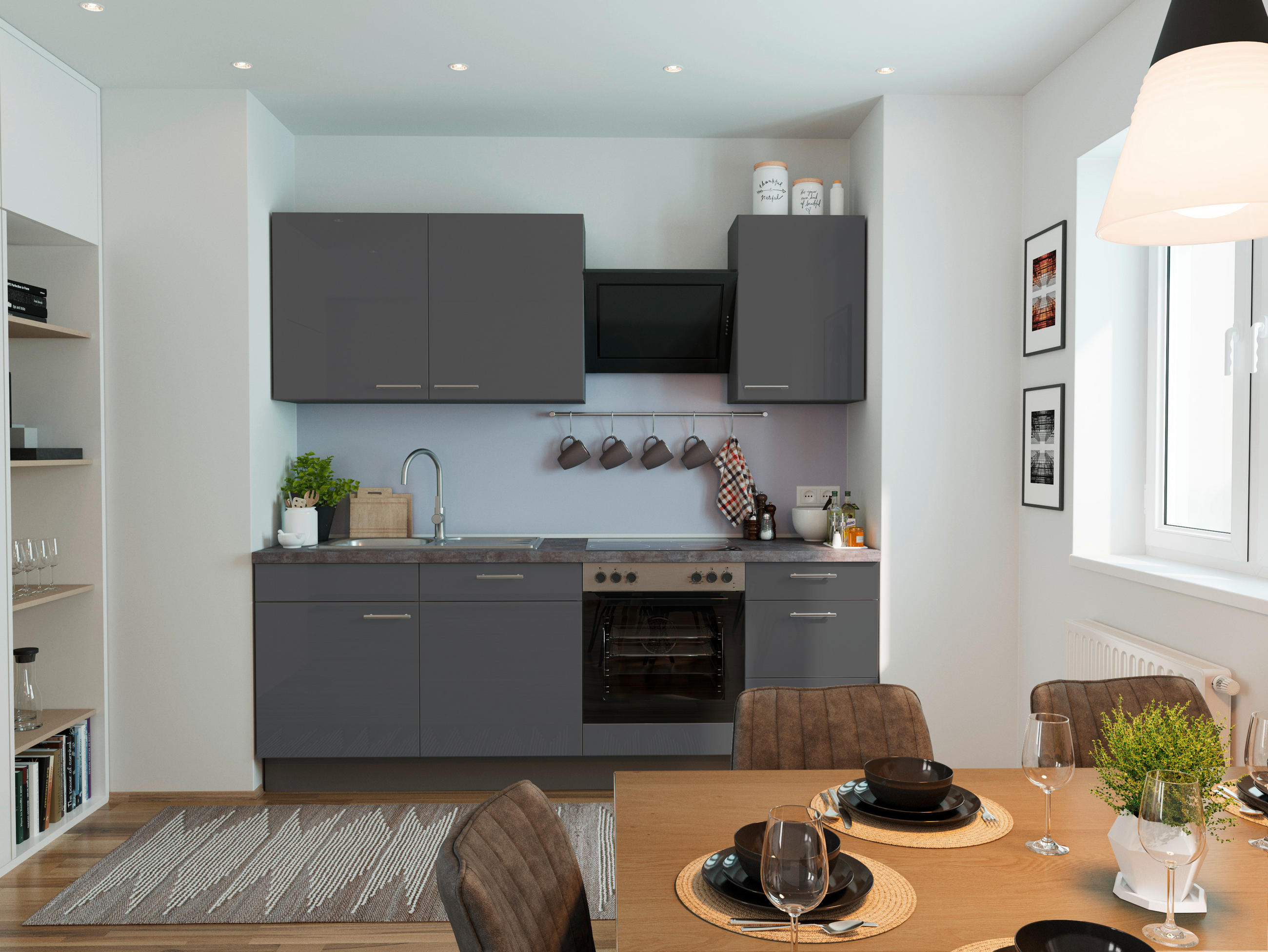 KÜCHENBLOCK 230 cm   in Graphitfarben  - Edelstahlfarben/Dunkelgrau, MODERN, Holzwerkstoff/Metall (230cm) - Xora