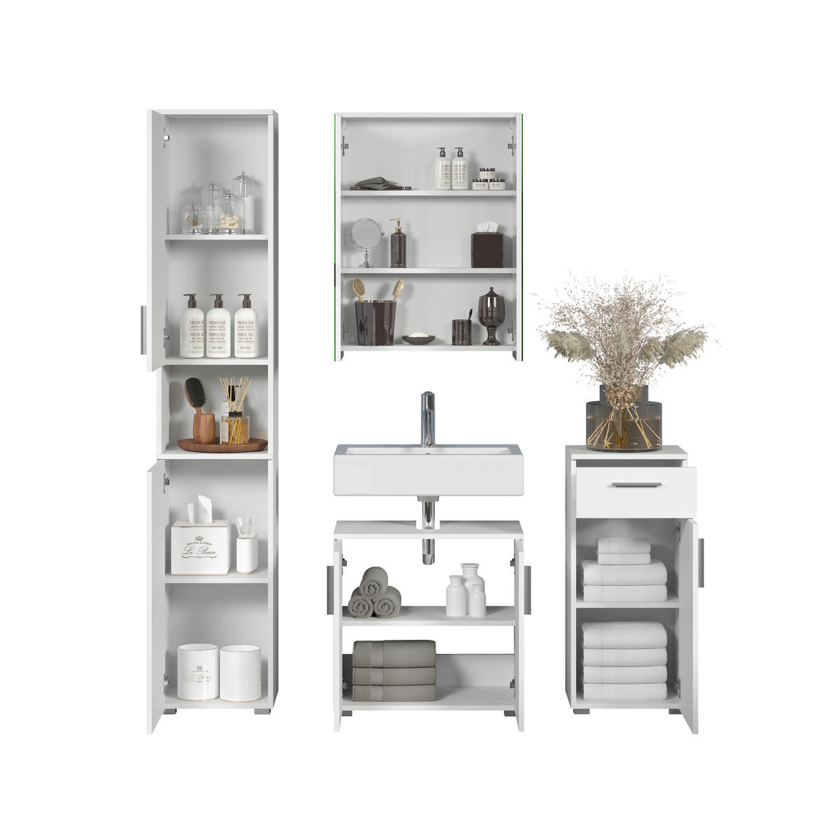 BADEZIMMER 4-teilig  in 164 cm  - Weiß Hochglanz/Silberfarben, Trend, Glas/Holzwerkstoff (164cm) - MID.YOU