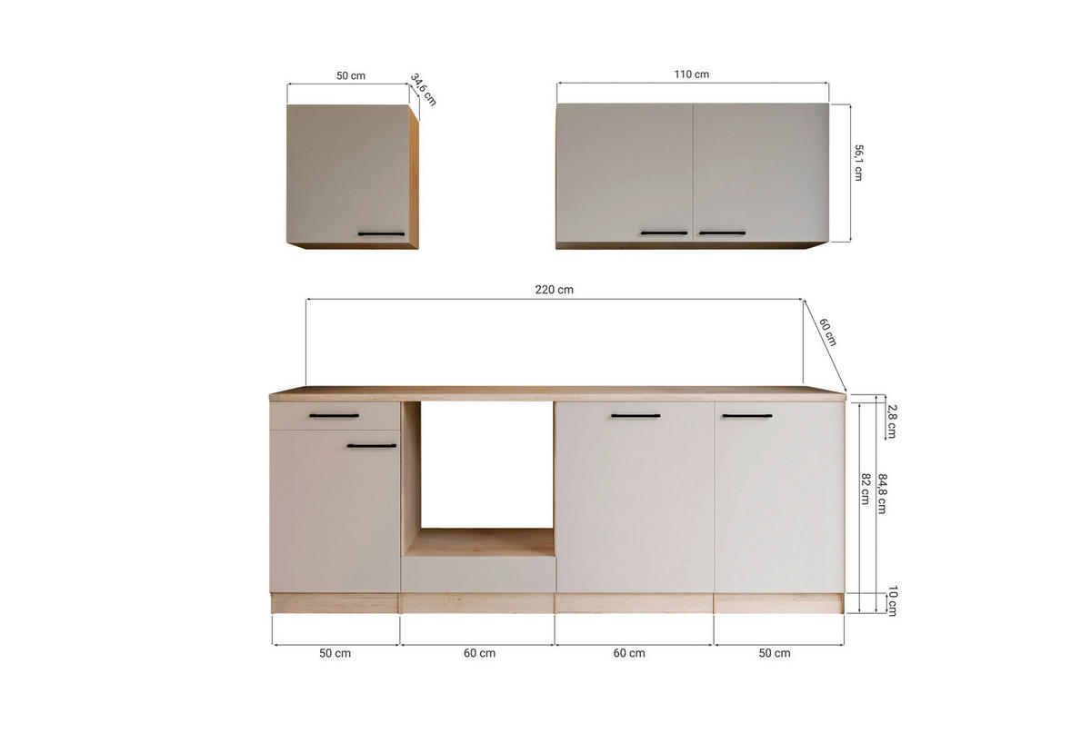 KÜCHENLEERBLOCK Merle 220 cm  in Kaschmir  - Kaschmir/Eichefarben, Trend, Holzwerkstoff/Metall (220cm) - Respekta