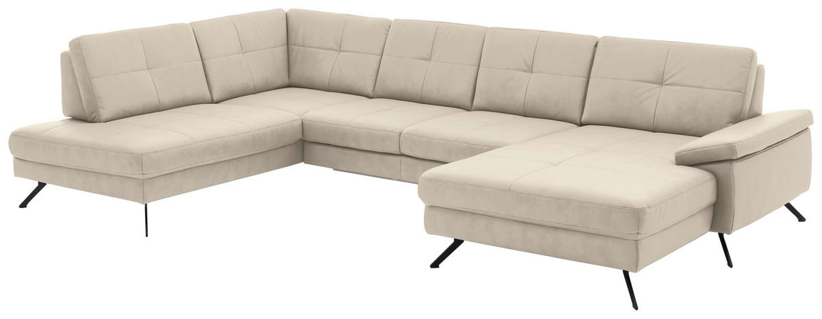 WOHNLANDSCHAFT in Lederlook, Mikrofaser Creme, Naturfarben  - Creme/Schwarz, Design, Textil/Metall (220/345cm) - Beldomo System