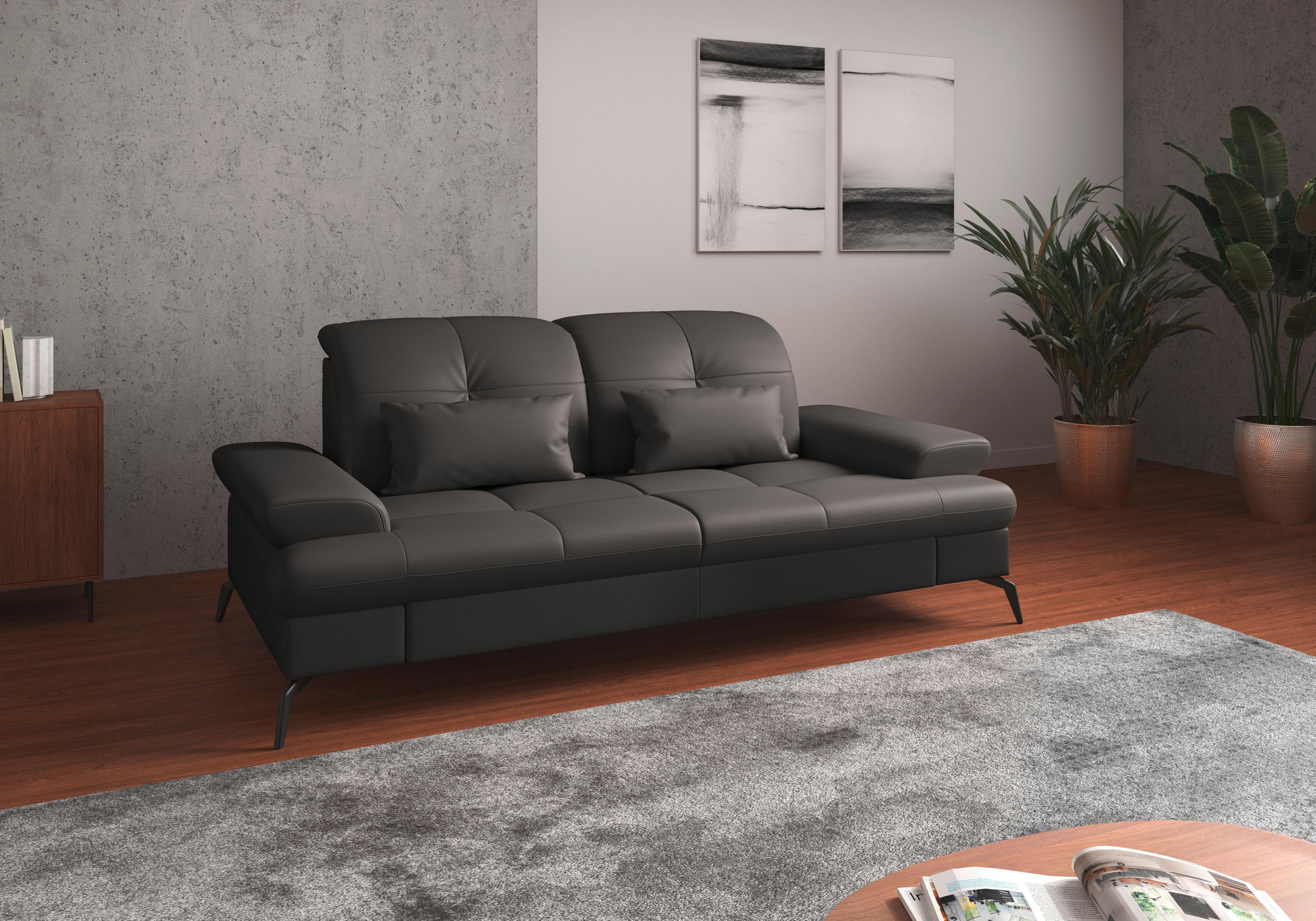 3-SITZER-SOFA in Echtleder Anthrazit  - Anthrazit/Schwarz, Konventionell, Leder/Metall (212/90/122cm) - Sit & More