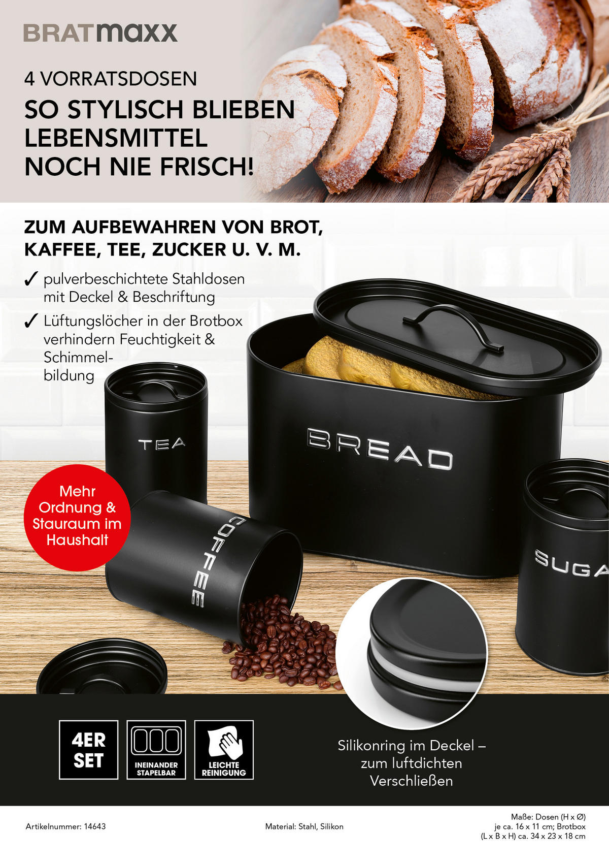 VORRATSDOSENSET 4-teilig  - Schwarz, Basics, Metall (23/18/34cm)