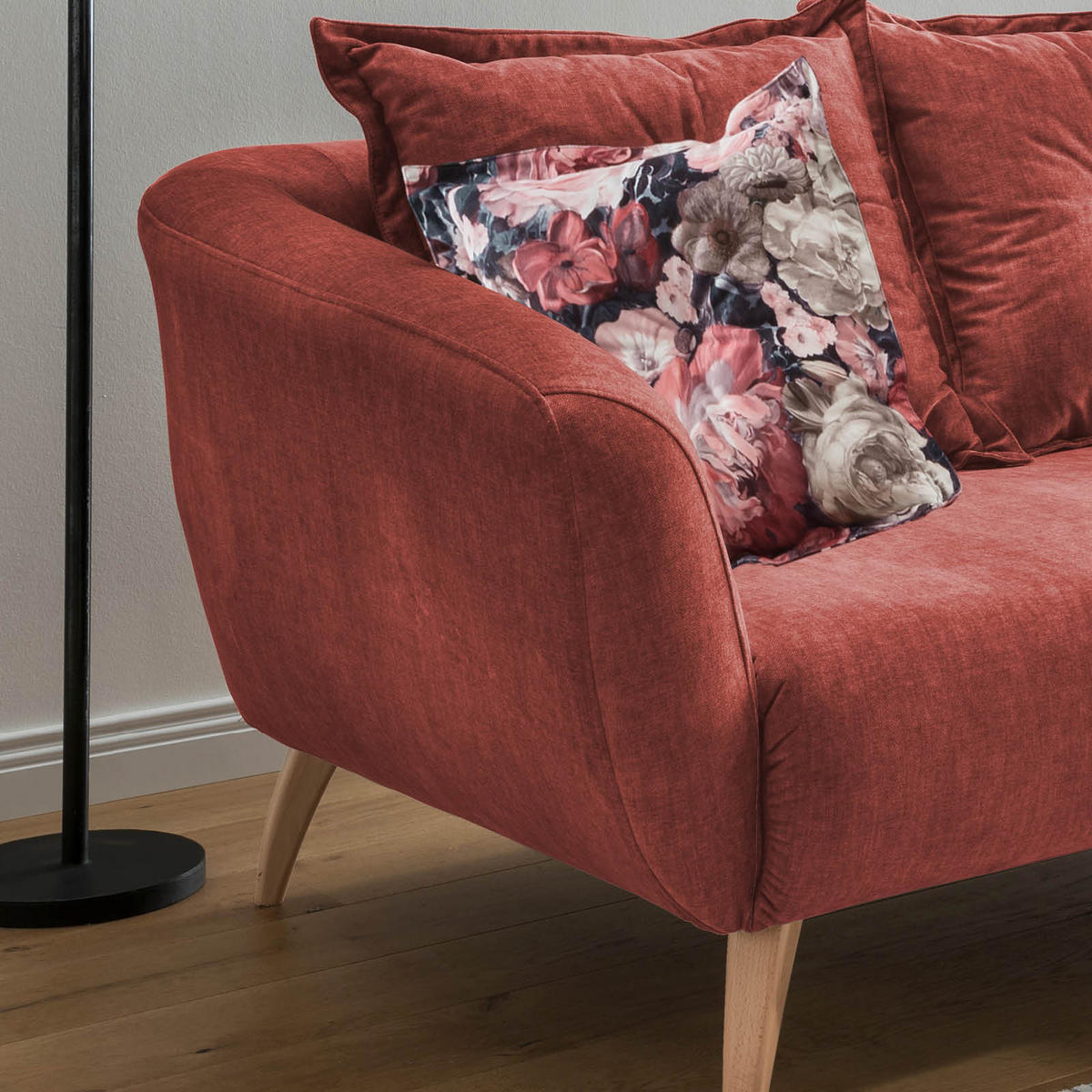 ECKSOFA in Velours Koralle, Multicolor  277/162 cm  - Koralle/Buchefarben, MODERN, Holz/Textil (277/162cm) - Livetastic