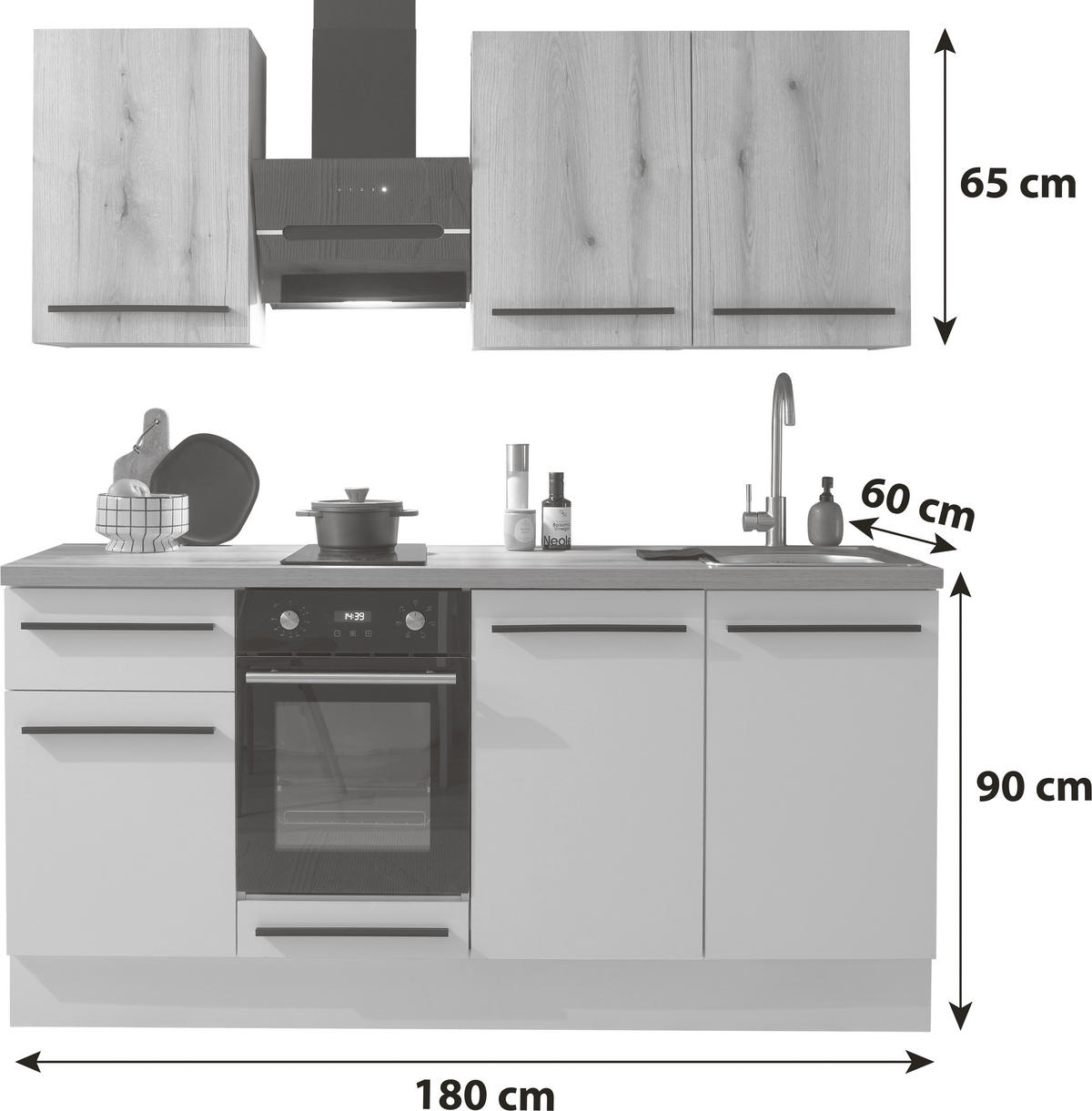 KÜCHENBLOCK 180 cm   in Weiß, Eichefarben  - Eichefarben/Schwarz, KONVENTIONELL, Holzwerkstoff/Kunststoff (180cm) - P & B