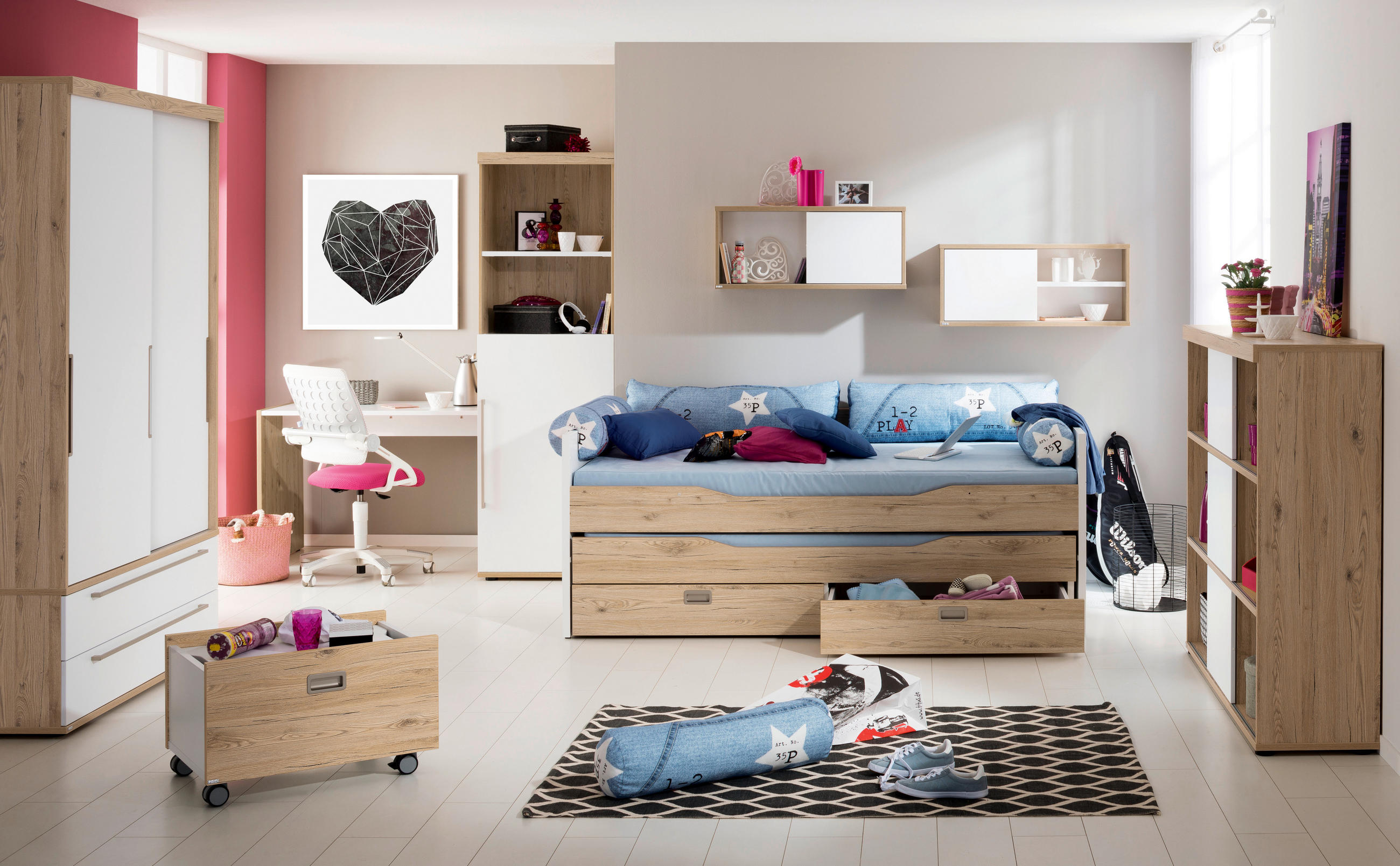 SCHIEBETÜRENSCHRANK 2-türig Weiß, Eichefarben  - Eichefarben/Silberfarben, Design, Holzwerkstoff/Metall (124/207/64cm) - Paidi
