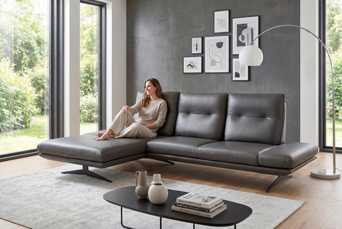 ECKSOFA Dunkelgrau Echtleder Rücken echt, Armteilverstellung, Kopfteilverstellung, Sitztiefenverstellung  - Dunkelgrau/Schwarz, Design, Leder/Metall (180/291cm) - Celina Home
