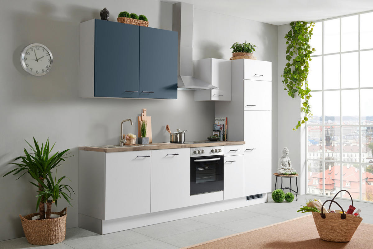 KÜCHENBLOCK 280 cm   Eichefarben, Hellgrau, Dunkelblau  - Eichefarben/Hellgrau, Basics, Holzwerkstoff/Metall (280cm) - Impuls