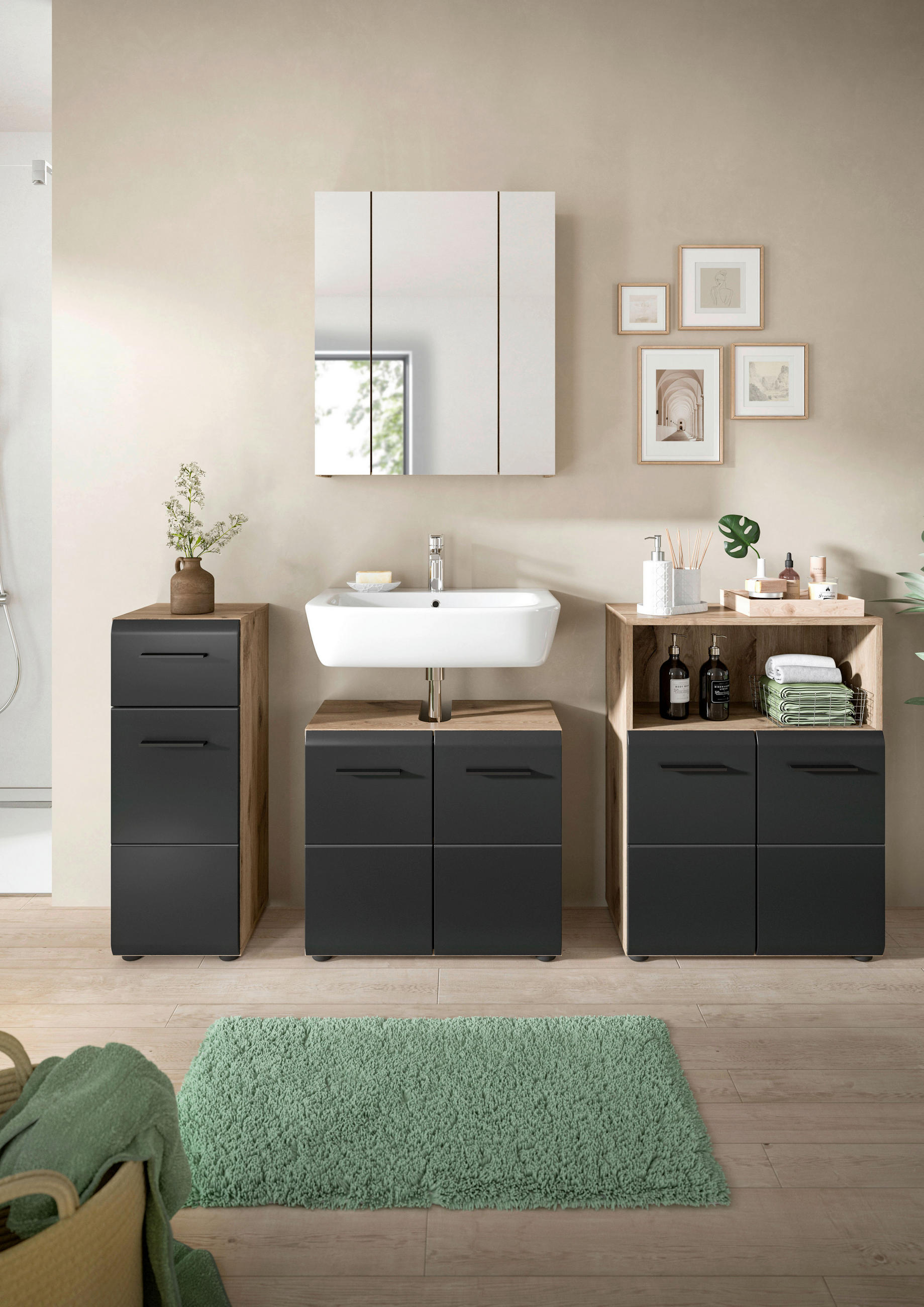 BADEZIMMER 4-teilig  in 150 cm  - Eiche dunkel/Schwarz, Basics, Holzwerkstoff/Kunststoff (150cm) - MID.YOU