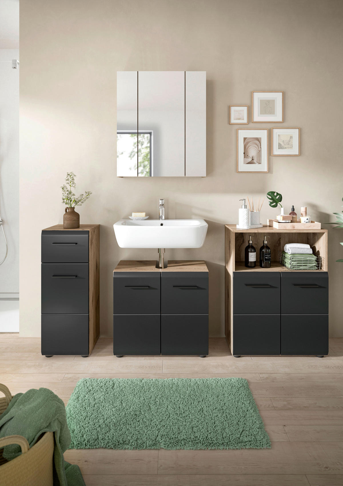 BADEZIMMER 4-teilig  in 150 cm  - Eiche dunkel/Schwarz, Basics, Holzwerkstoff/Kunststoff (150cm) - MID.YOU