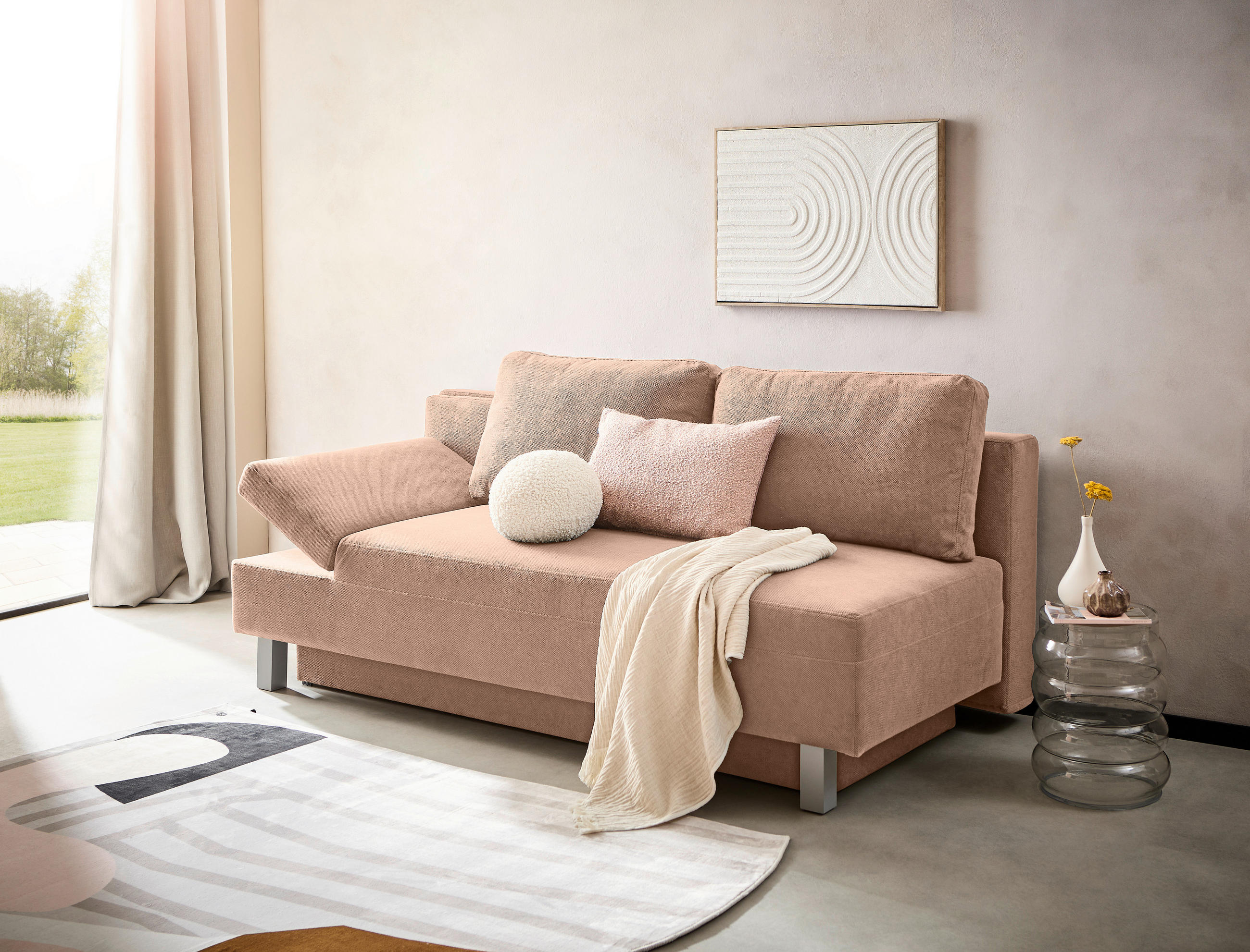 SCHLAFSOFA in Flachgewebe Altrosa  - Chromfarben/Altrosa, Design, Holz/Textil (205/77-93/99cm) - Novel