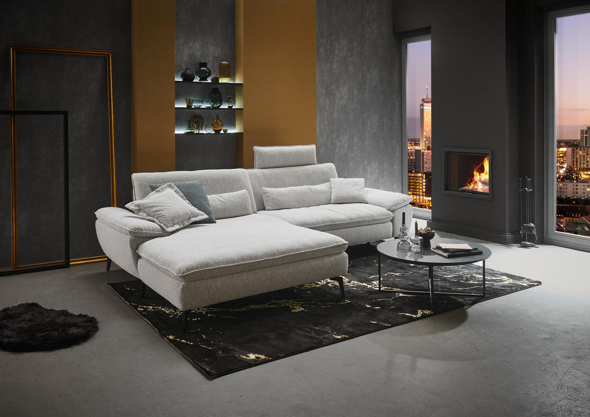 ECKSOFA Ecru Webstoff  - Ecru/Schwarz, Design, Textil/Metall (197/295cm) - Valdera