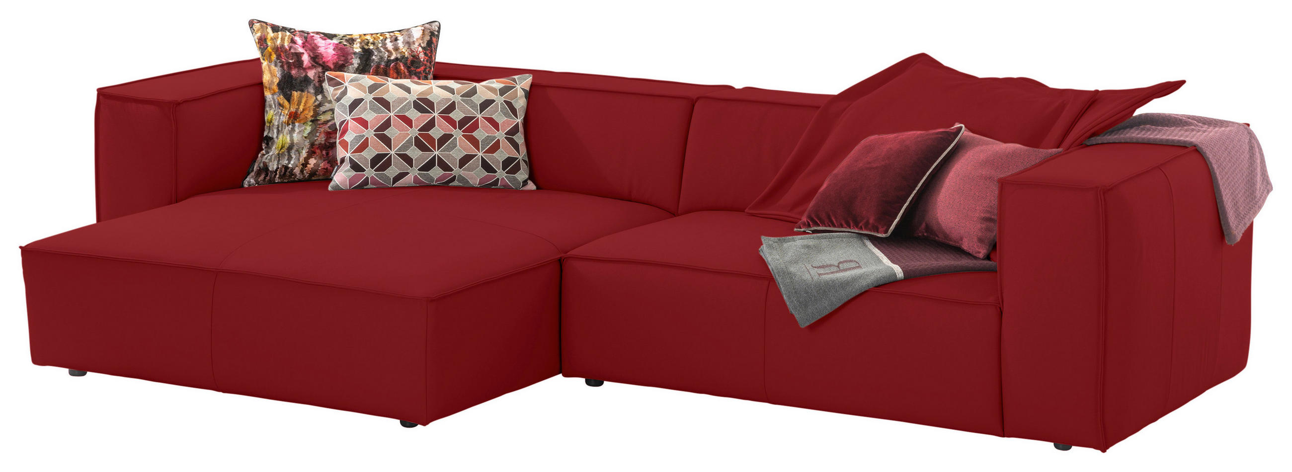 ECKSOFA around the block Dunkelrot Echtleder Rückenkissen, Rücken echt  - Schwarz/Dunkelrot, MODERN, Leder/Kunststoff (164/300cm) - Chilliano