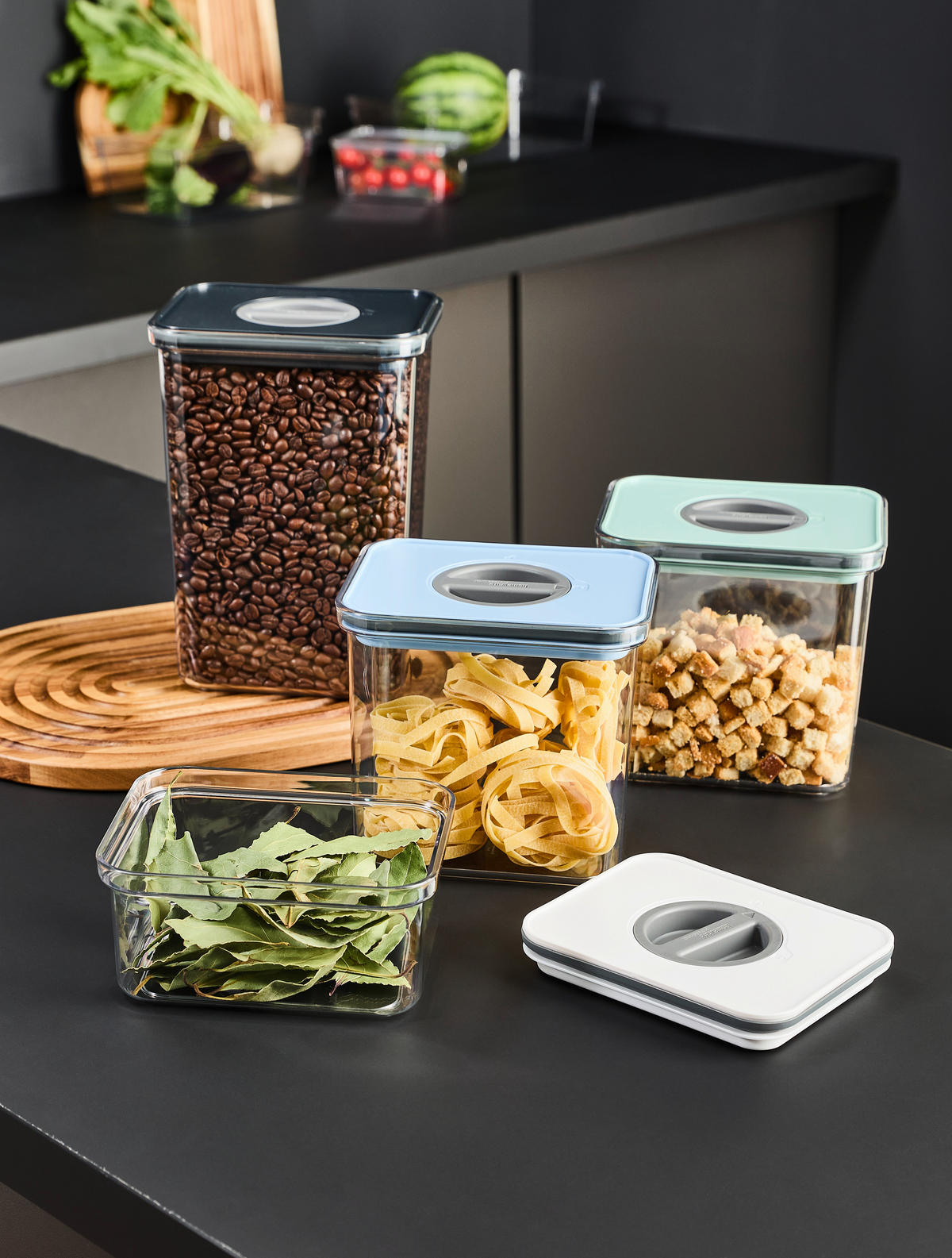 SADA DÓZ NA POTRAVINY 4dílné - bílá/modrá, Basics, plast - Homeware Profession.