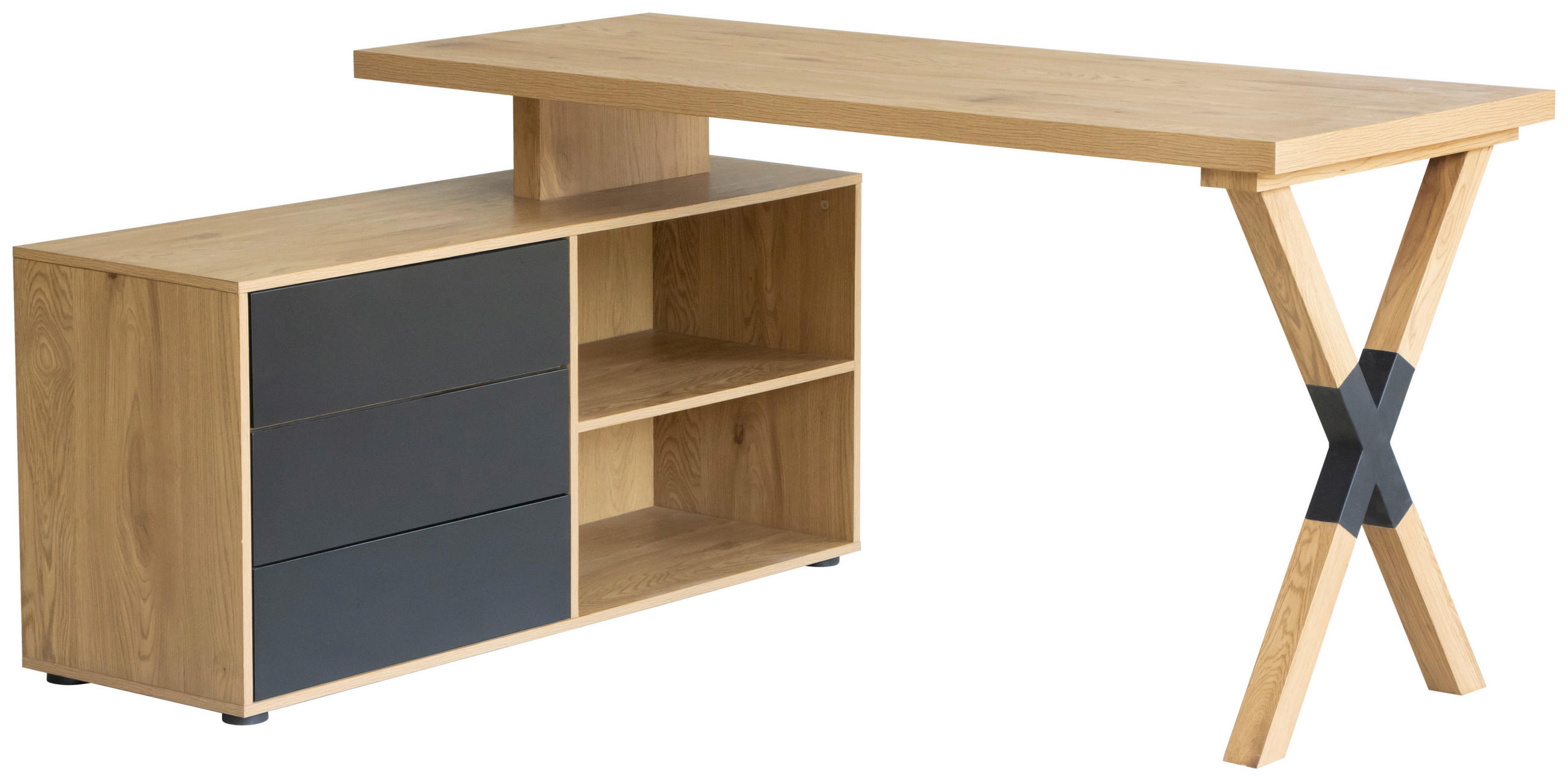 ECKSCHREIBTISCH  in Schwarz, Eichefarben  - Eichefarben/Schwarz, MODERN, Holzwerkstoff/Metall (150/75/120cm) - MID.YOU