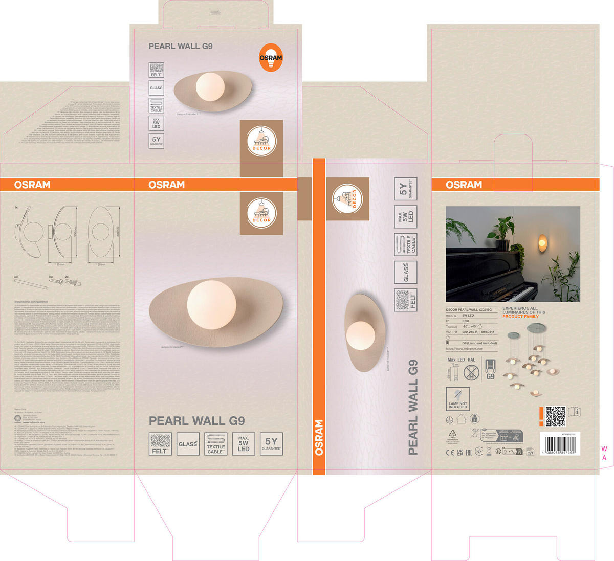 WANDLEUCHTE 28/13,5/15 cm   - Beige, Design, Glas/Textil (28/13,5/15cm) - Osram