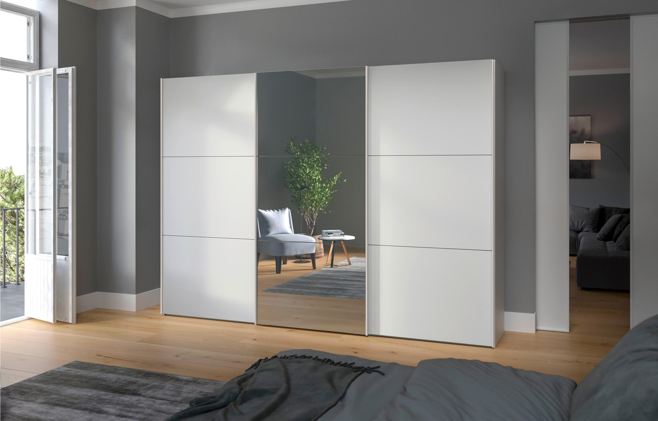 SCHWEBETÜRENSCHRANK  in Weiß  - Edelstahlfarben/Weiß, Design, Glas/Holzwerkstoff (303/195/65cm) - Boxxx