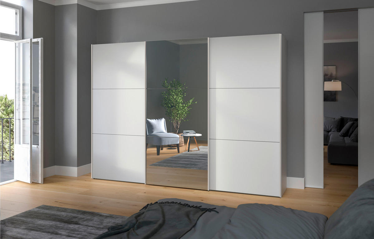 SCHWEBETÜRENSCHRANK  in Weiß  - Edelstahlfarben/Weiß, Design, Glas/Holzwerkstoff (303/195/65cm) - Boxxx