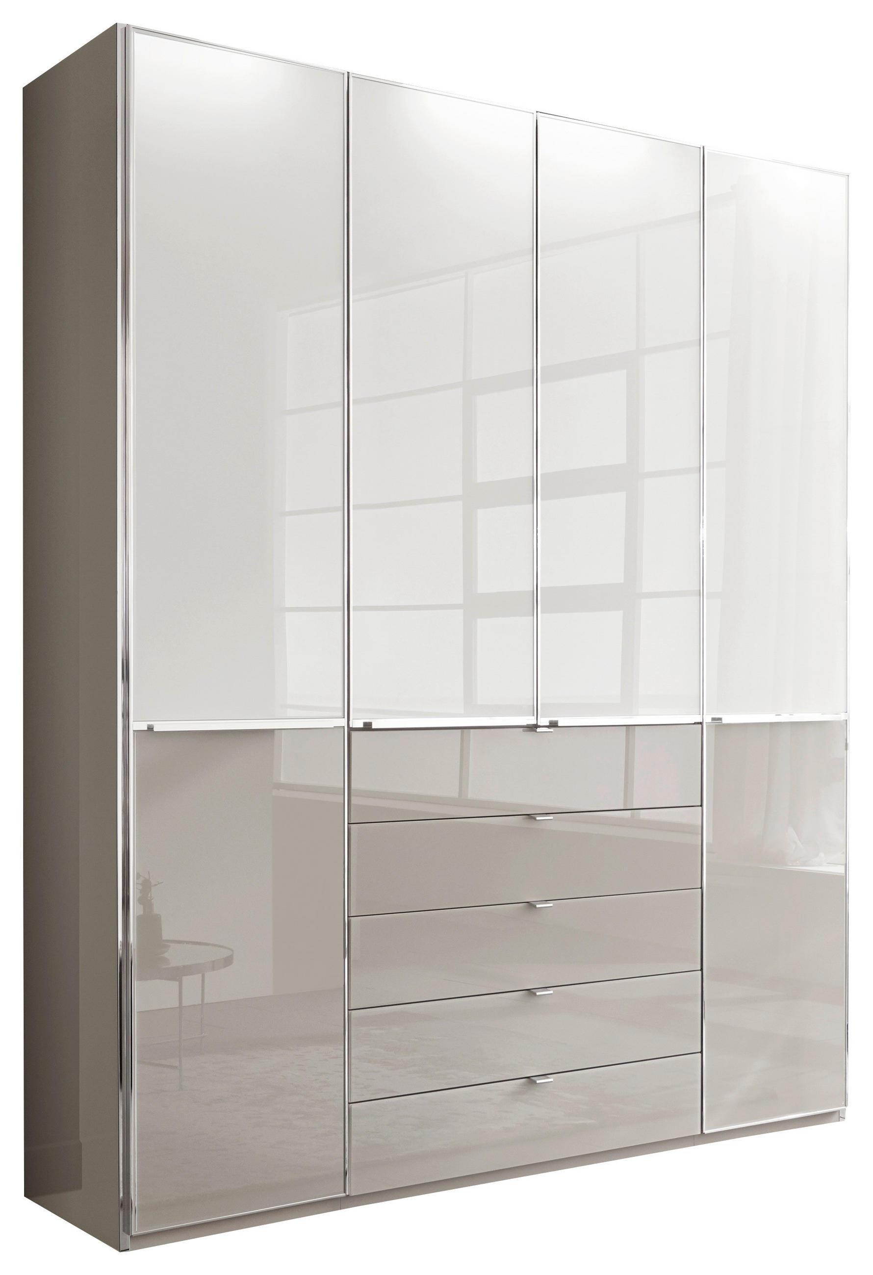 KLEIDERSCHRANK 200/236/58 cm 4-türig Weiß, Grau  - Chromfarben/Weiß, KONVENTIONELL, Glas/Holzwerkstoff (200/236/58cm) - Novel