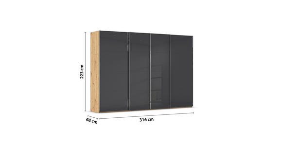 SCHWEBETÜRENSCHRANK 316/223/68 cm 4-türig Grau, Eiche Artisan - Chromfarben/Eiche Artisan, Design, Glas/Holzwerkstoff (316/223/68cm) - Novel
