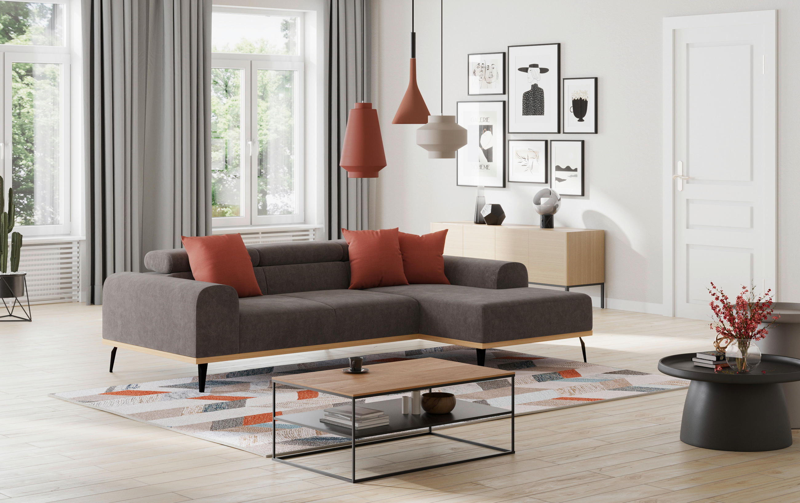 ECKSOFA Anthrazit Mikrofaser  - Anthrazit/Schwarz, KONVENTIONELL, Textil/Metall (244/157cm) - Cotta