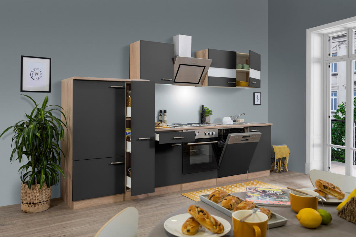 KÜCHENBLOCK 310 cm   in Grau  - Edelstahlfarben/Eichefarben, Basics, Holzwerkstoff/Metall (310cm) - Respekta
