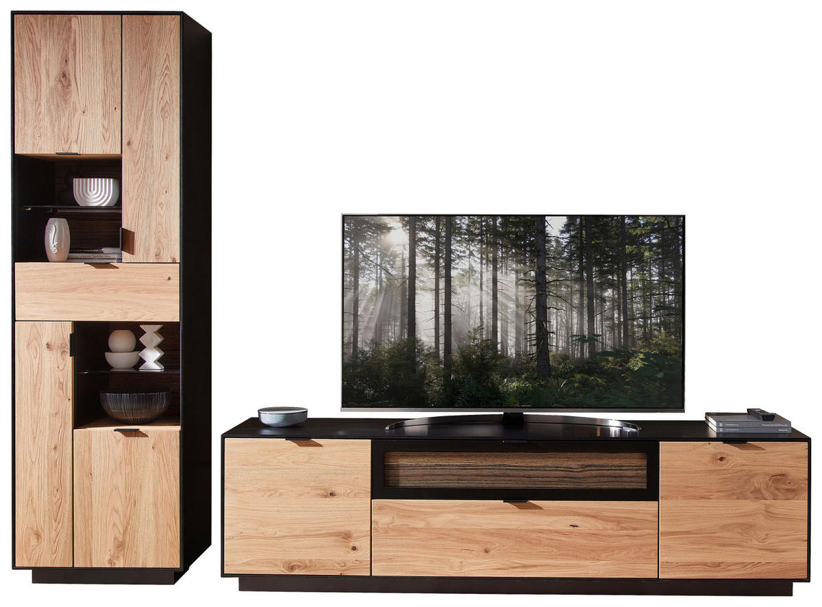 WOHNWAND  in Schwarz, Eichefarben  275/200/45 cm  - Eichefarben/Schwarz, Design, Glas/Holz (275/200/45cm) - Novel